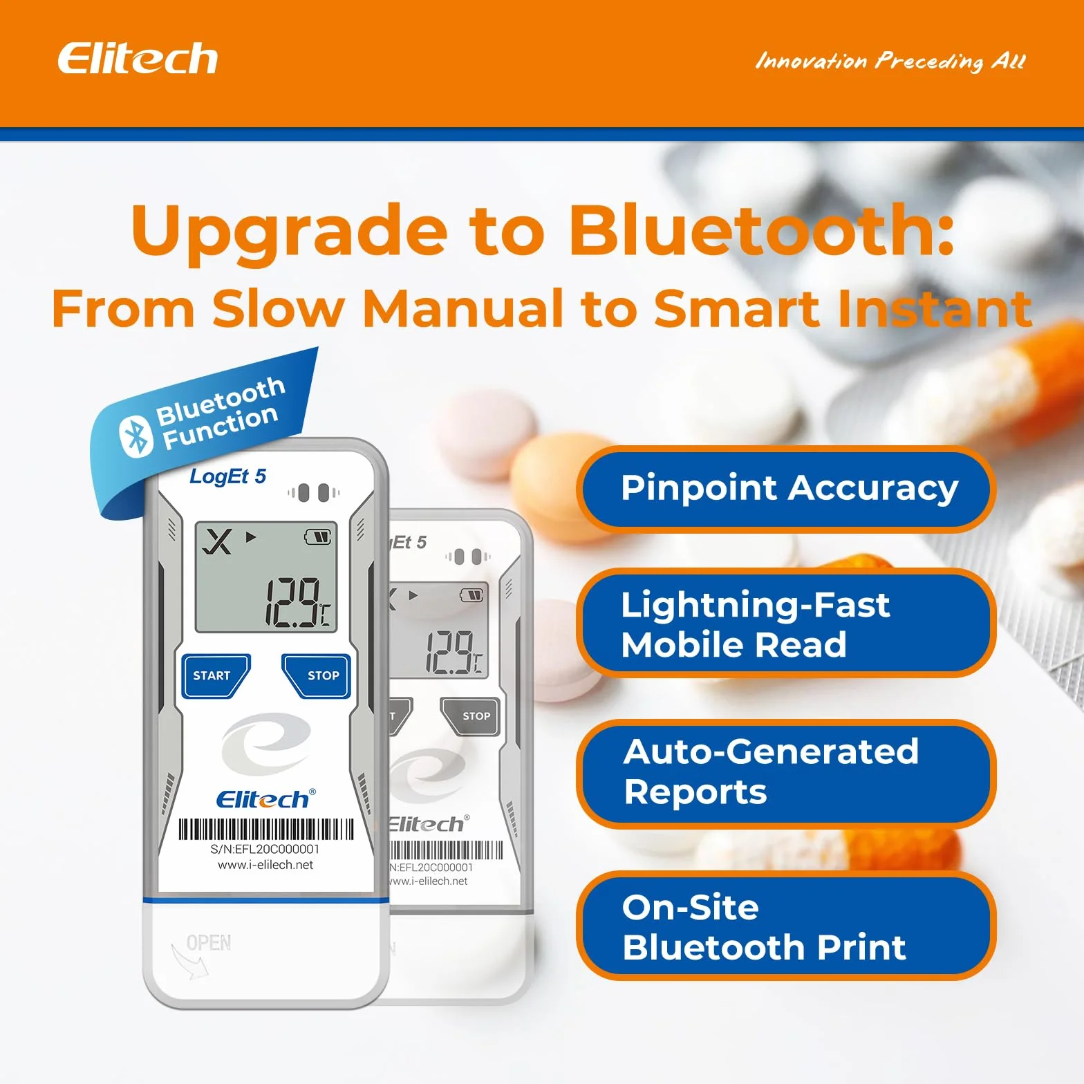 Elitech LogEt5BTH Registrador de Temperatura y Humedad USB Bluetooth Reutilizable 32.000 Puntos