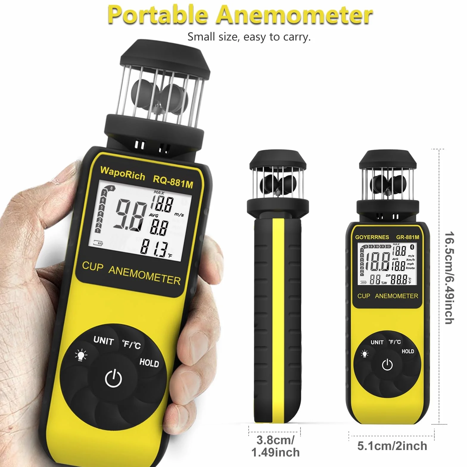 Anemómetro Digital Portátil GR-881M con Brújula Medir Velocidad del Viento Temperatura Volumen de Aire