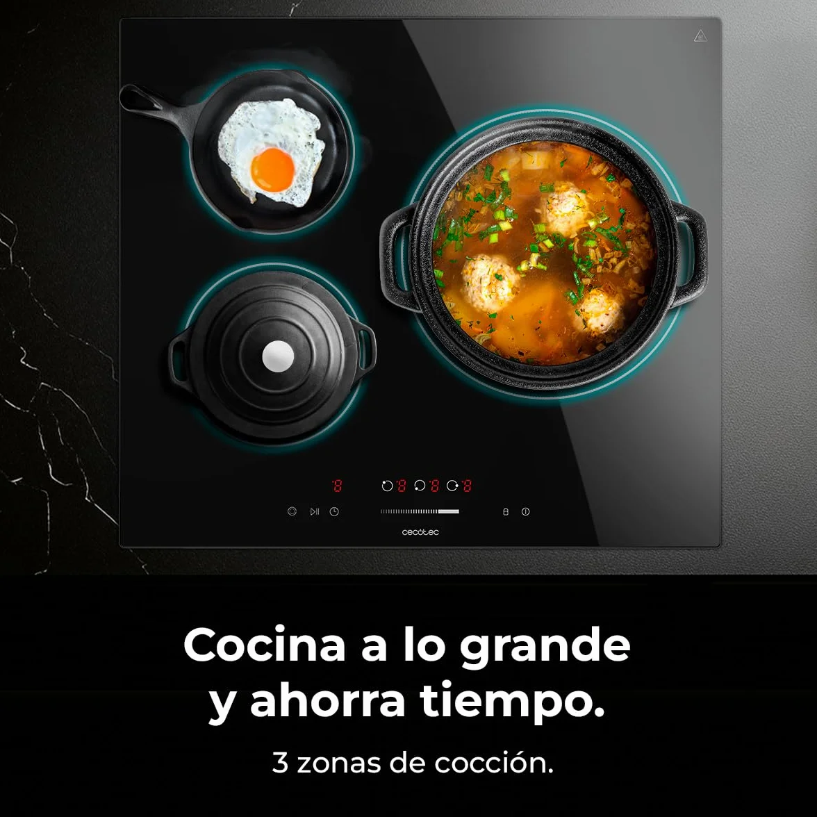 Cecotec Bolero Squad V 3100 Placa Vitrocerámica 3 Zonas 5700W Control Táctil 9 Niveles Triple Anillo