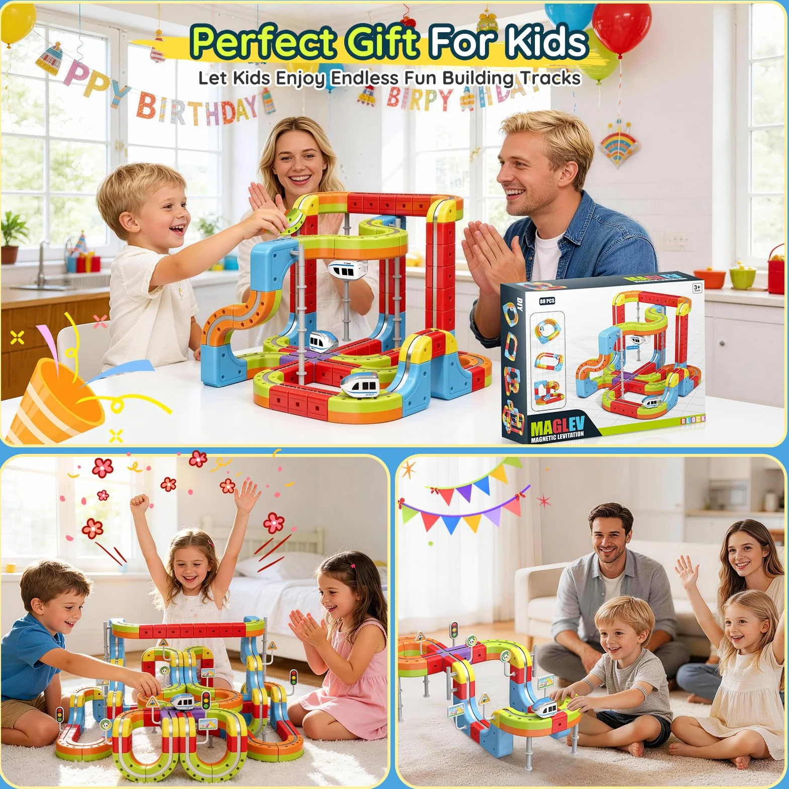 Tren Eléctrico Juguete 141 Piezas, Kit de Vías de Cubos 3D DIY, Juego de Construcción Regalo para Niños 3-12 Años