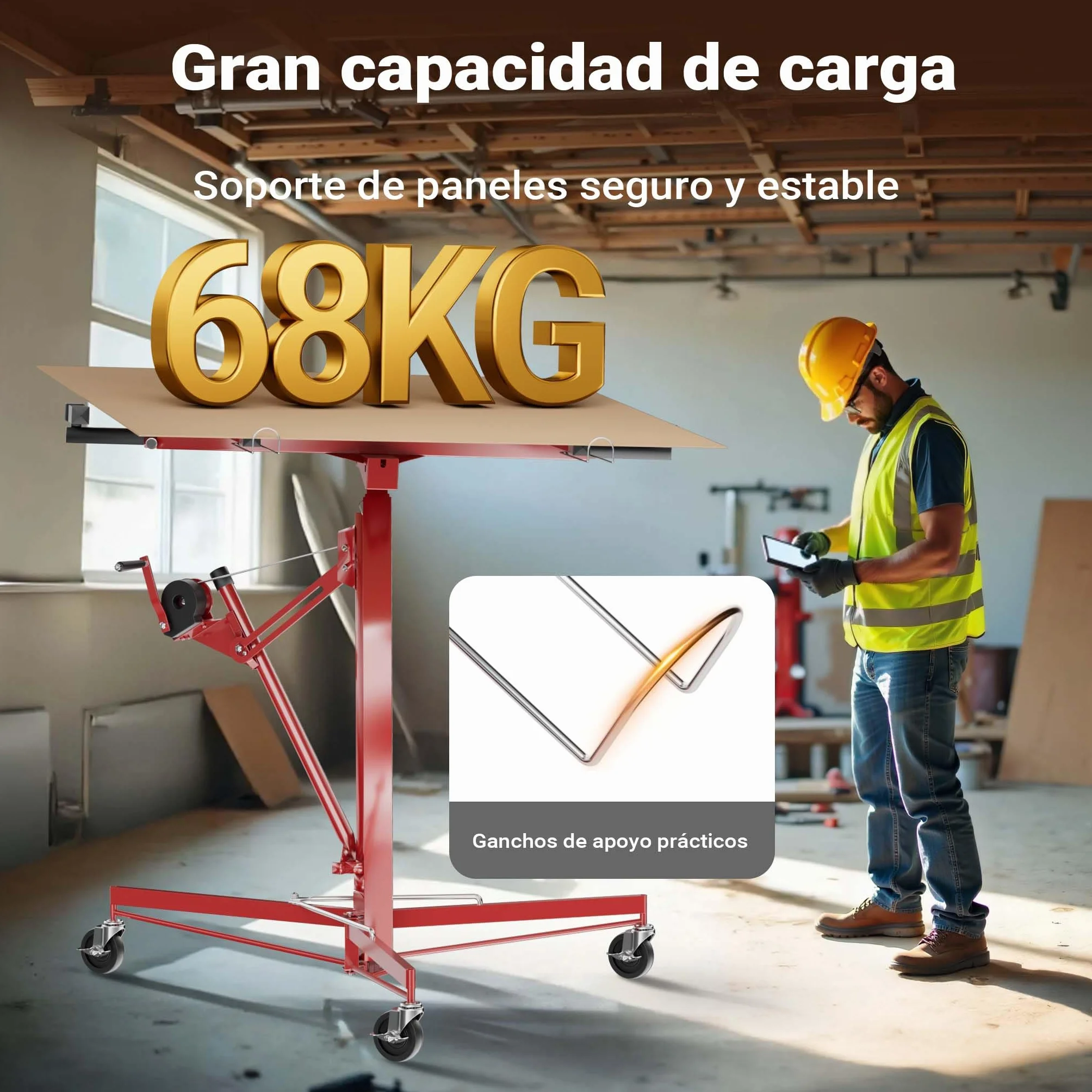 Wiltec Elevador de paneles de yeso XXL hasta máx. 68 kg, altura 140-350 cm, ancho máx. 2,90 m, ayuda de construcción en seco 3 ruedas con freno de posición manejo fácil por 1 persona