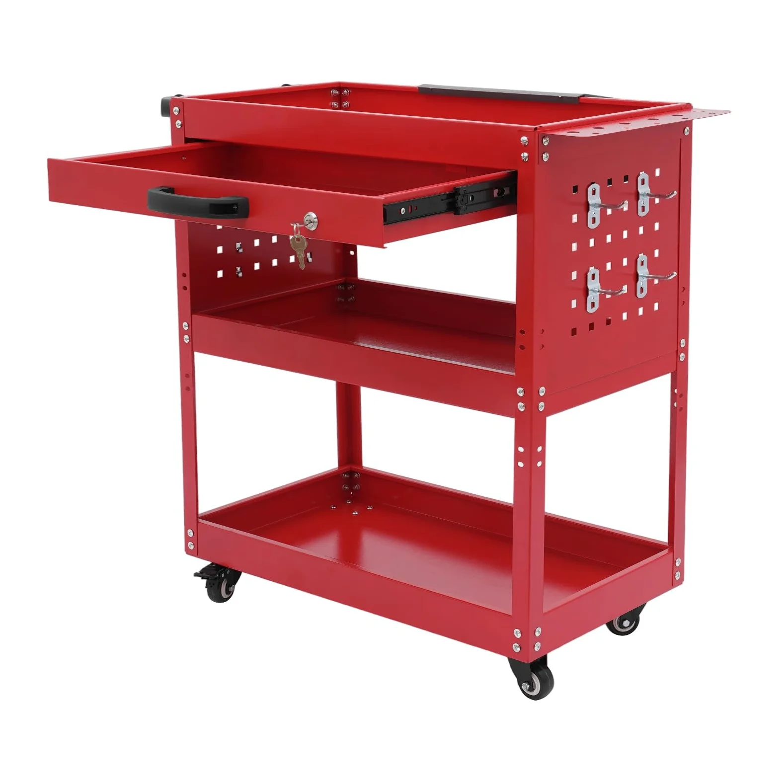 Carro de herramientas con 3 niveles, con cajón y ruedas con cerradura, capacidad de carga de 250 kg para almacén, garaje o taller (rojo)