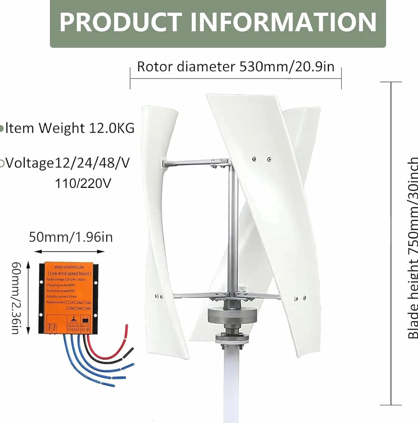 Aerogeneradores Vertical 12V 24V 48V 220V con Controlador de Carga a Prueba Agua 3 aspas para Uso doméstico 16000W 20000W Sin Ruido Aerogenerador Vertical levitación magnética(20000W,24V)