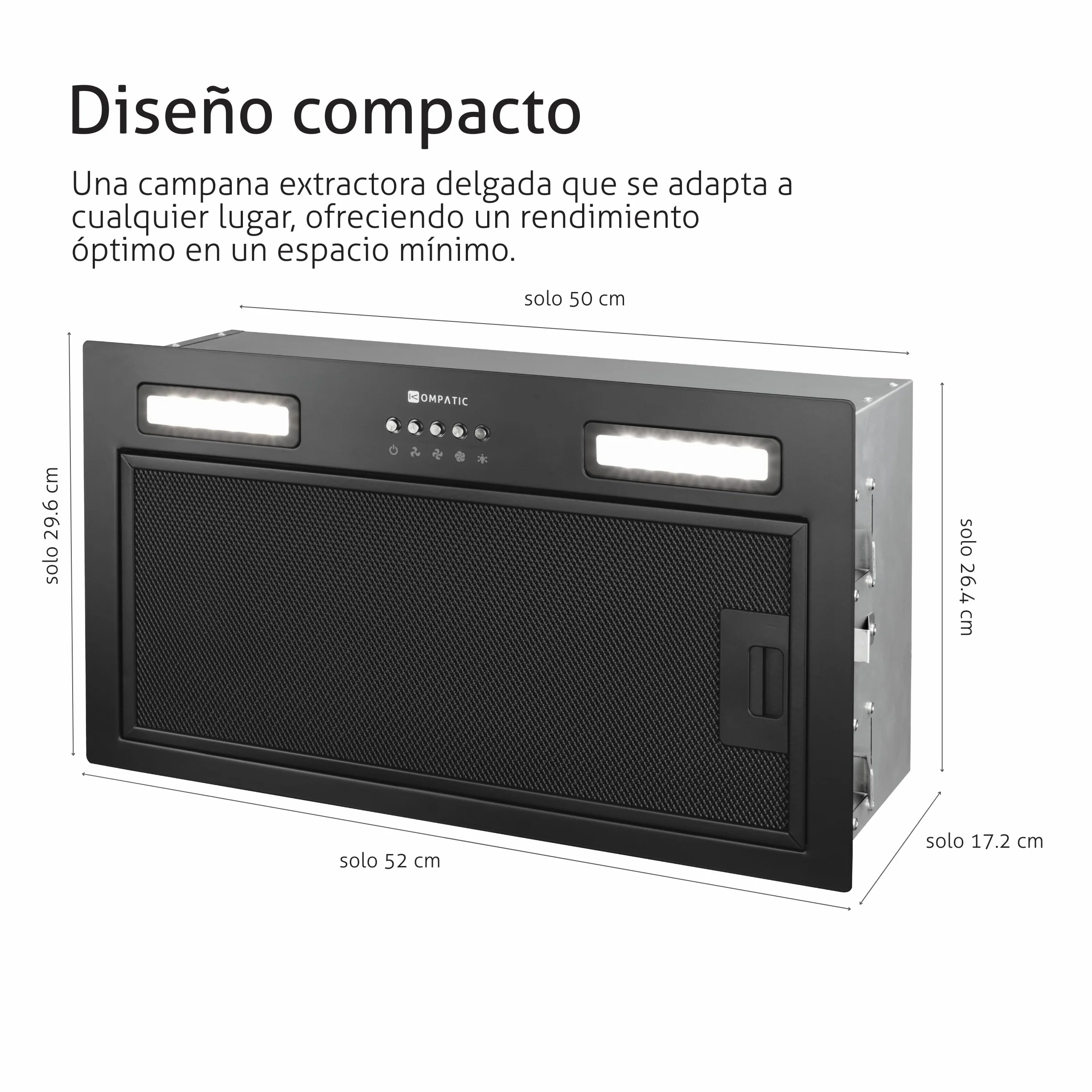 Lane 50 KLN50BI Campana Extractora Encastrable 50 cm, Clase A+++, 450 m³/h, Filtro de carbón KCF4, Temporizador, LED, 3 velocidades + boost, Negro