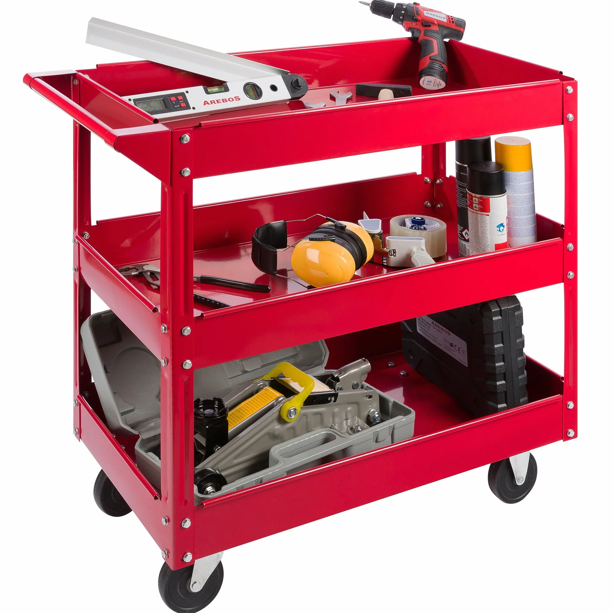 Arebos Juego de 2 Carros de Taller con 3 Estantes | Estructura de Acero Robusta | Capacidad hasta 120 kg | Carro Móvil para Taller, Garaje y Bricolaje