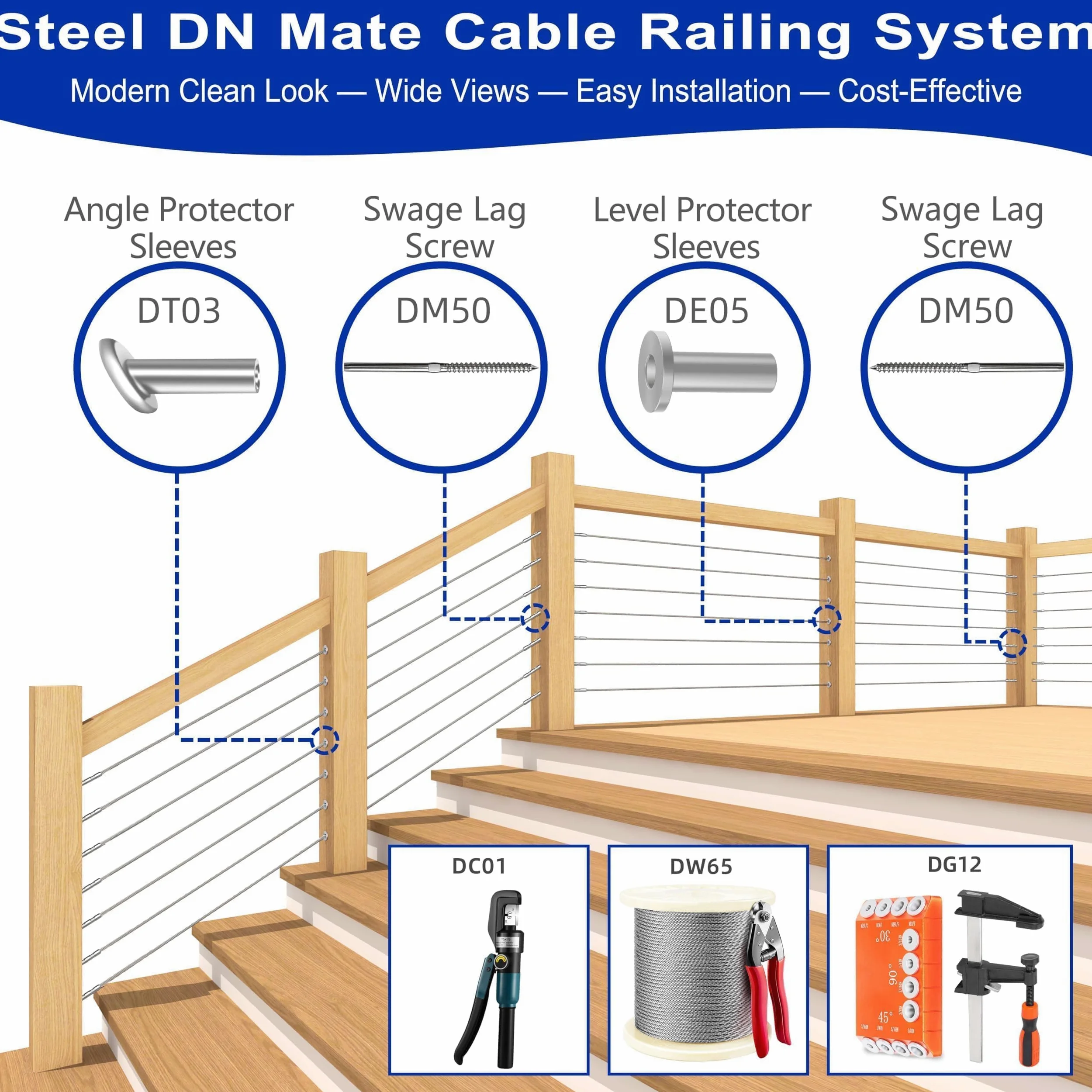 Steel DN Mate Paquete de 110 fundas protectoras de acero inoxidable T316 para barandilla de cable de 1/8, 5/32 o 3/16 pulgadas, fundas protectoras de cable para sistema de barandilla de cable,