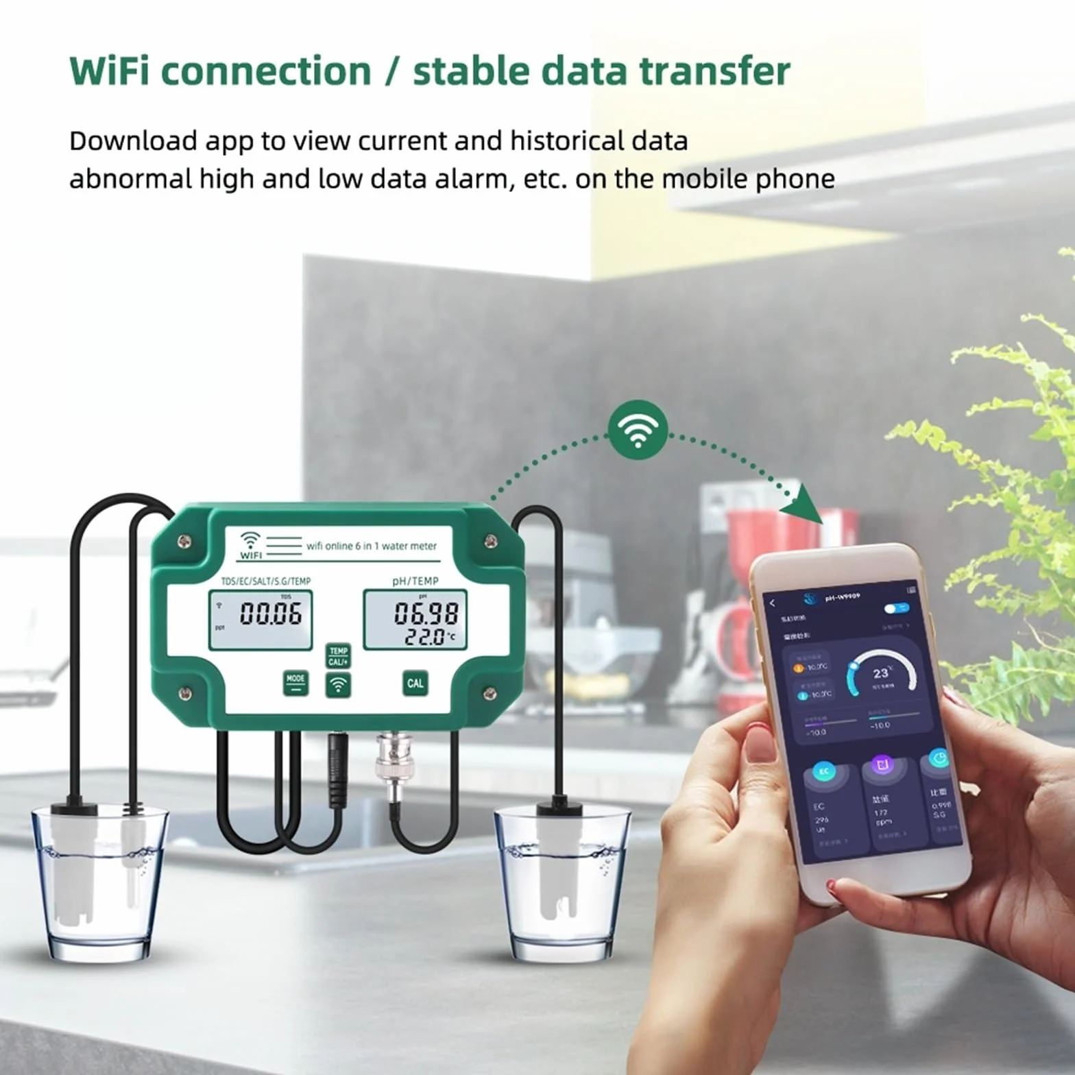 Medidor digital WiFi de pH, EC, TDS, sal, SG y temperatura, comprobador de calidad del agua, monitor inteligente multifunción 6 en 1, control por aplicación.,Análisis confiable