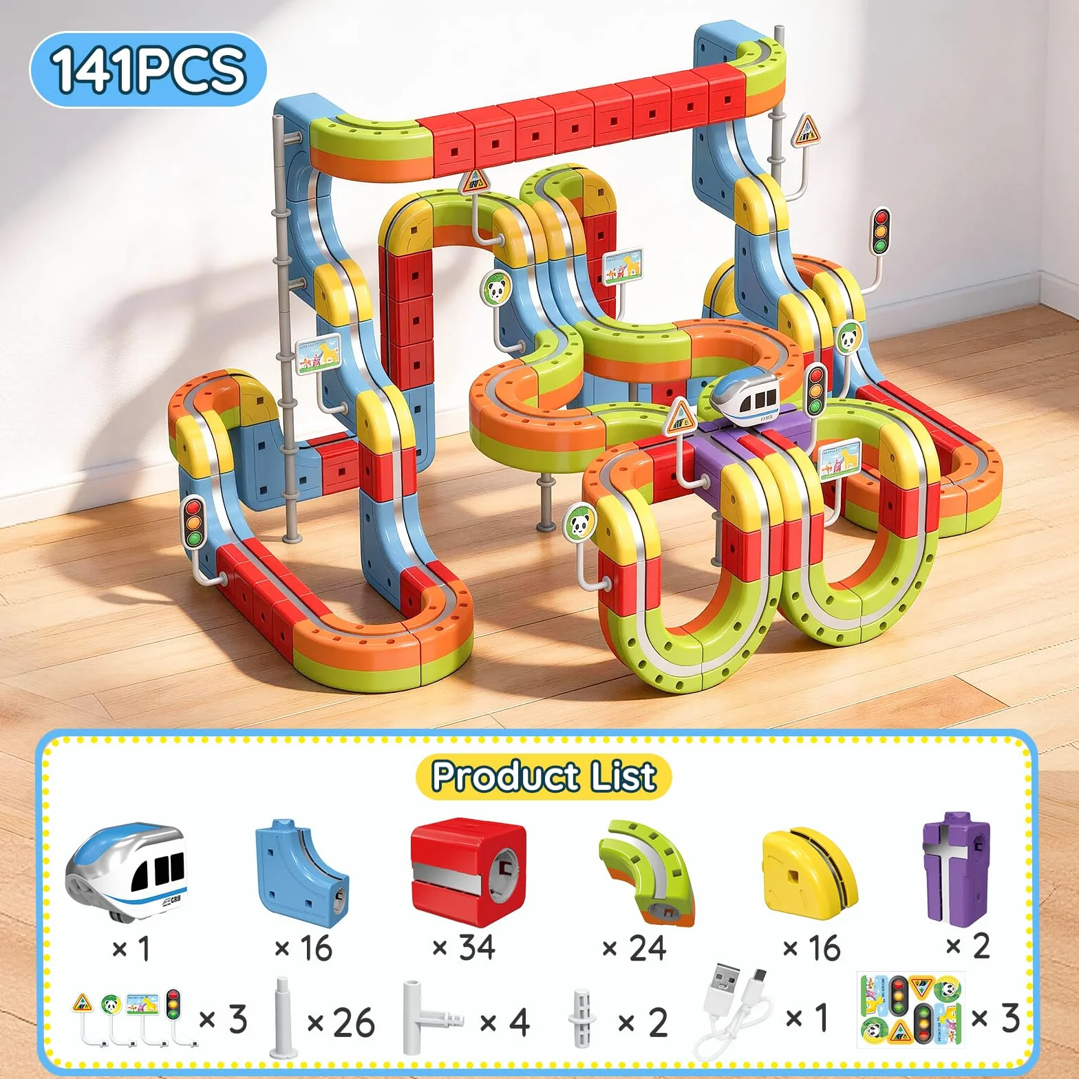 Tren Eléctrico Juguete 141 Piezas, Kit de Vías de Cubos 3D DIY, Juego de Construcción Regalo para Niños 3-12 Años