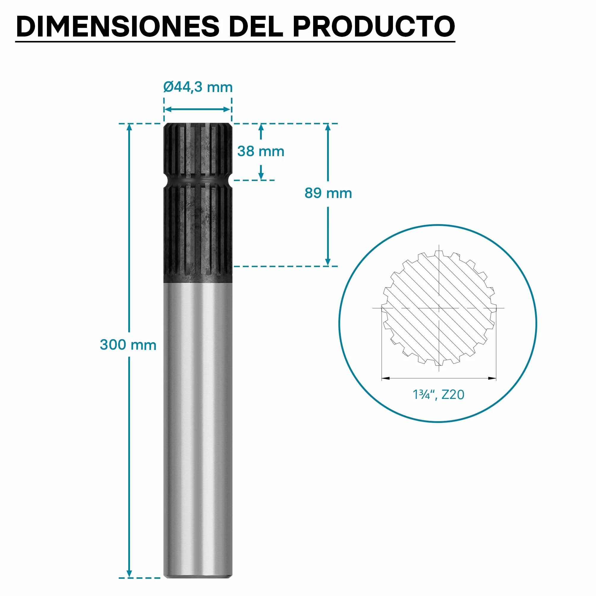 WilTec Eje Estriado Toma de Fuerza 300mm 1 3/4" 20 Dientes