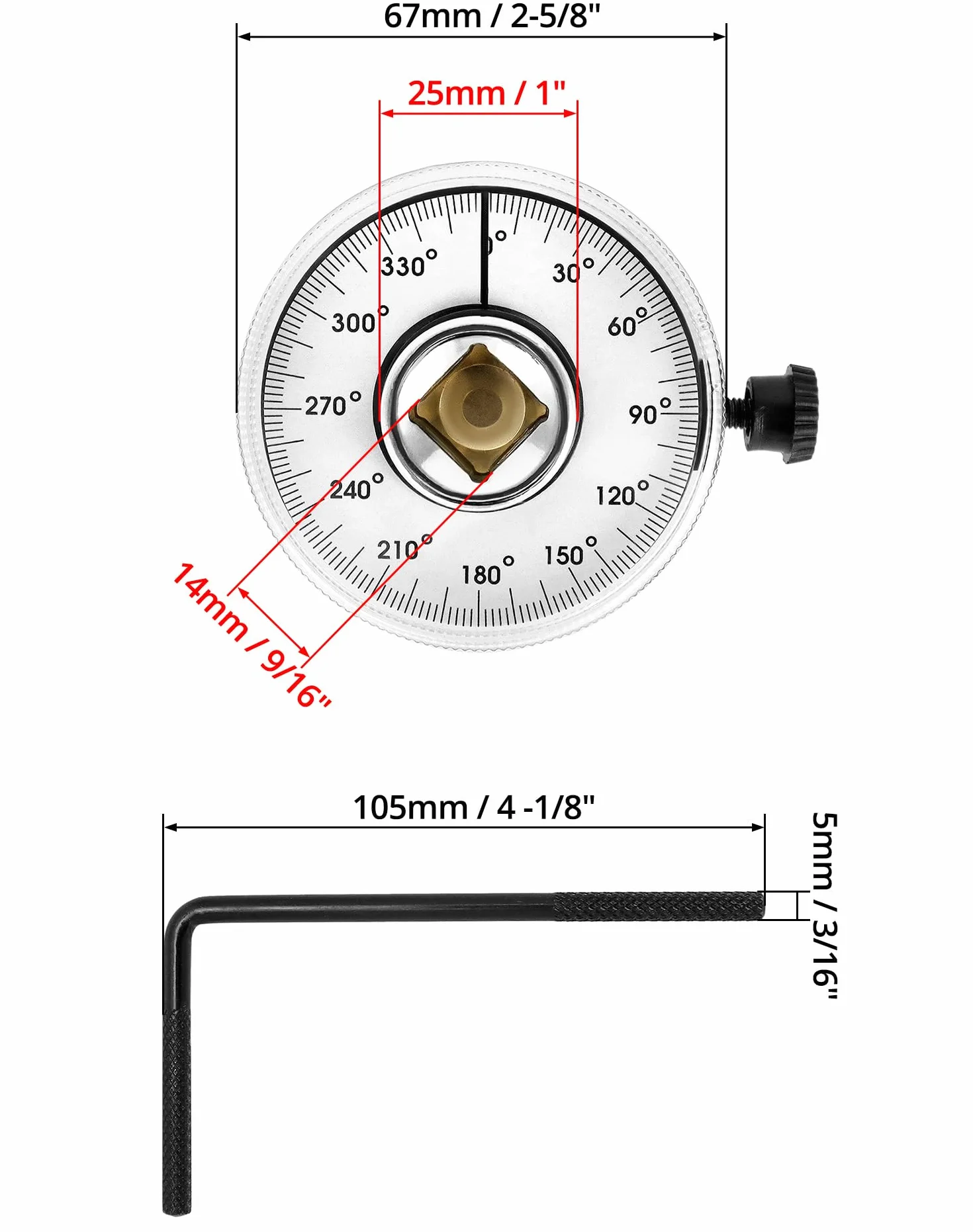 QWORK Medidor ángulo de torque 1/2" (12,5 mm) 360 grados para mecánicos automotrices