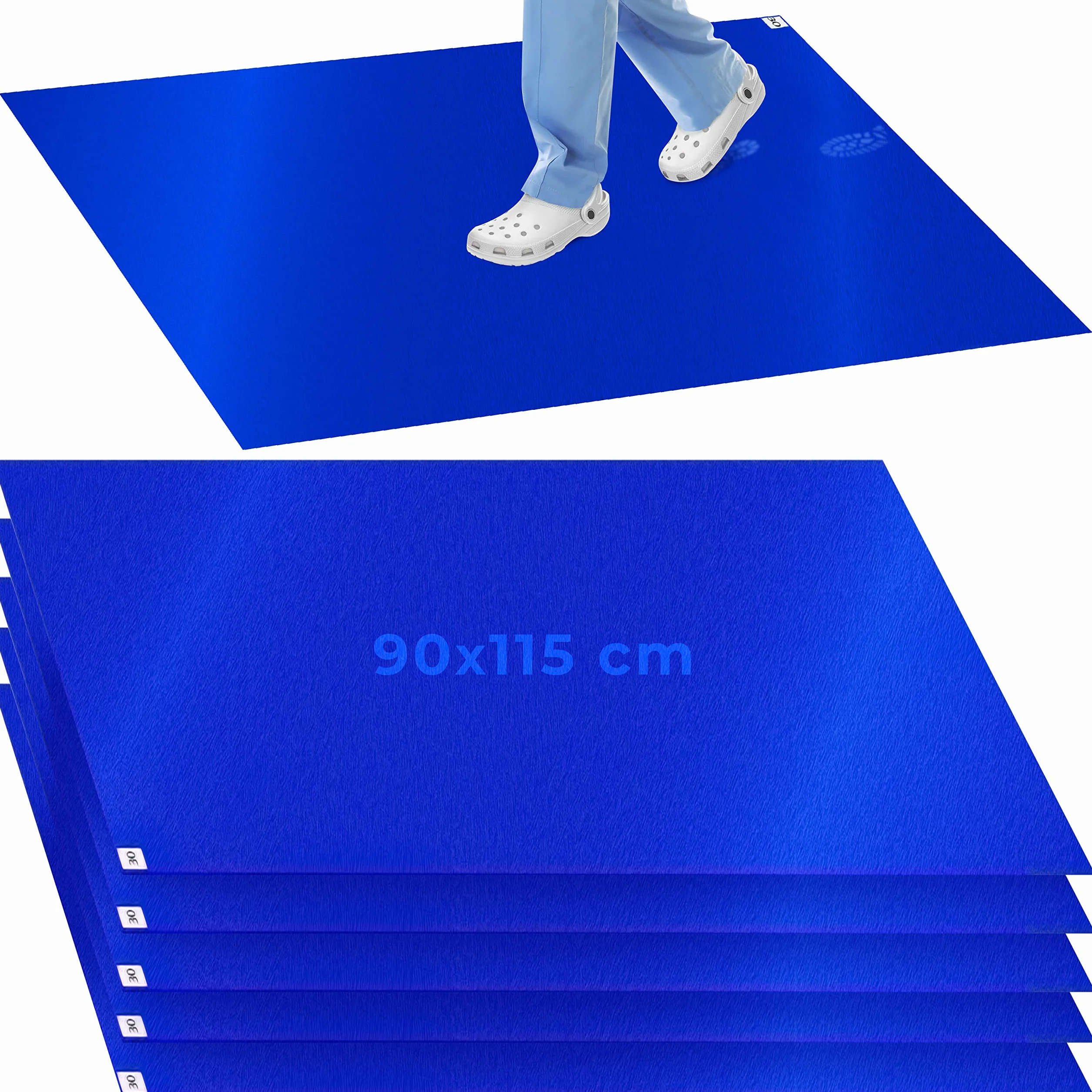 AIESI® Alfombra Descontaminante Adhesiva 30 Hojas desprendible con BACTERICIDA Azul Dimensiones 90x115 cm (5 alfombras de 30 Hojas), Antibacteriana, Antipolvo