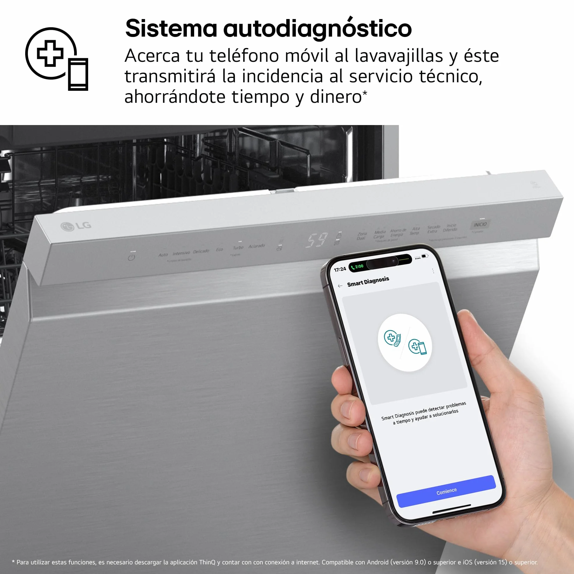 LG DF273FV Lavavajillas QuadWash Steam EasyRack Bandeja Cubiertos Smart Diagnosis Apertura Automática A 14 Inox Antihuellas