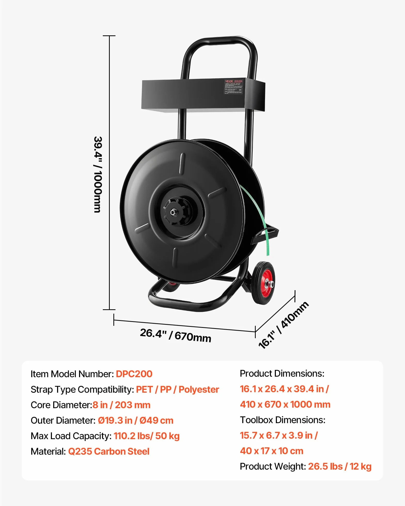 VEVOR Dispensador de Flejado, para Rollos de Flejado de PET/PP/Poliéster con Un Tamaño de Núcleo de 203 mm, con Sistema de Frenado Mejorado, Amplio Almacenamiento Integrado para Herramientas