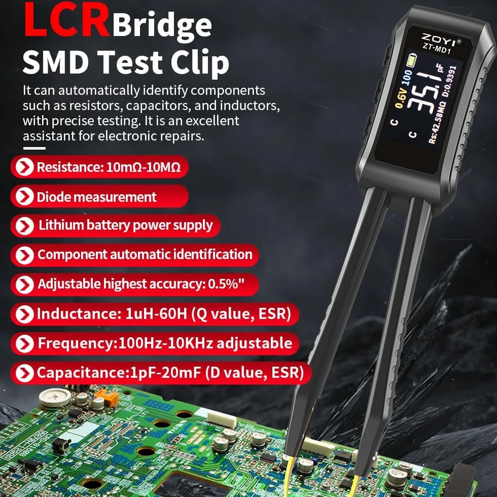 Puente de pinzas digitales inteligentes LCR ZT-MD1 Pantalla OLED para comprobador de componentes SMD ESR 9999 Conteo Condensadores Voltaje Frecuencia Diodo con 0,5% de precisión Multímetro digital