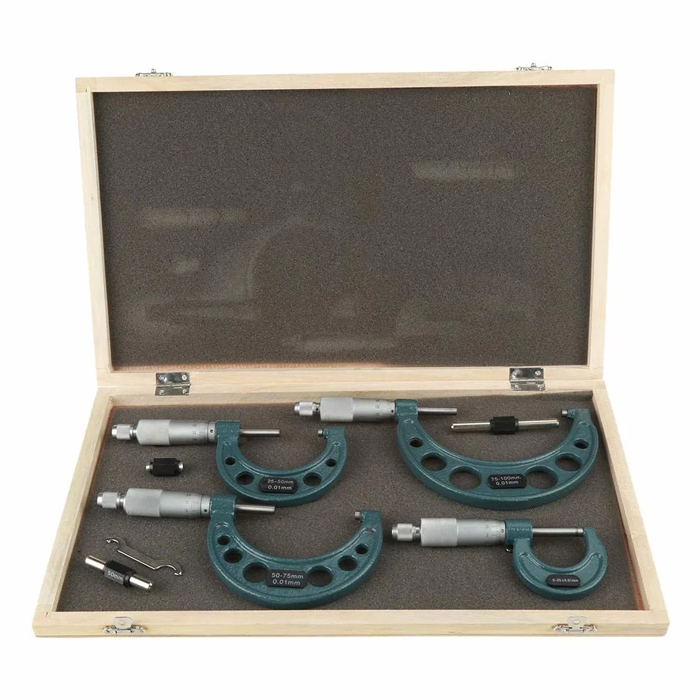 Juego de Micrómetros de Exteriores, 4 Piezas, 0-100mm, Medición de Longitud, para Talleres Mecánicos y Automóvil