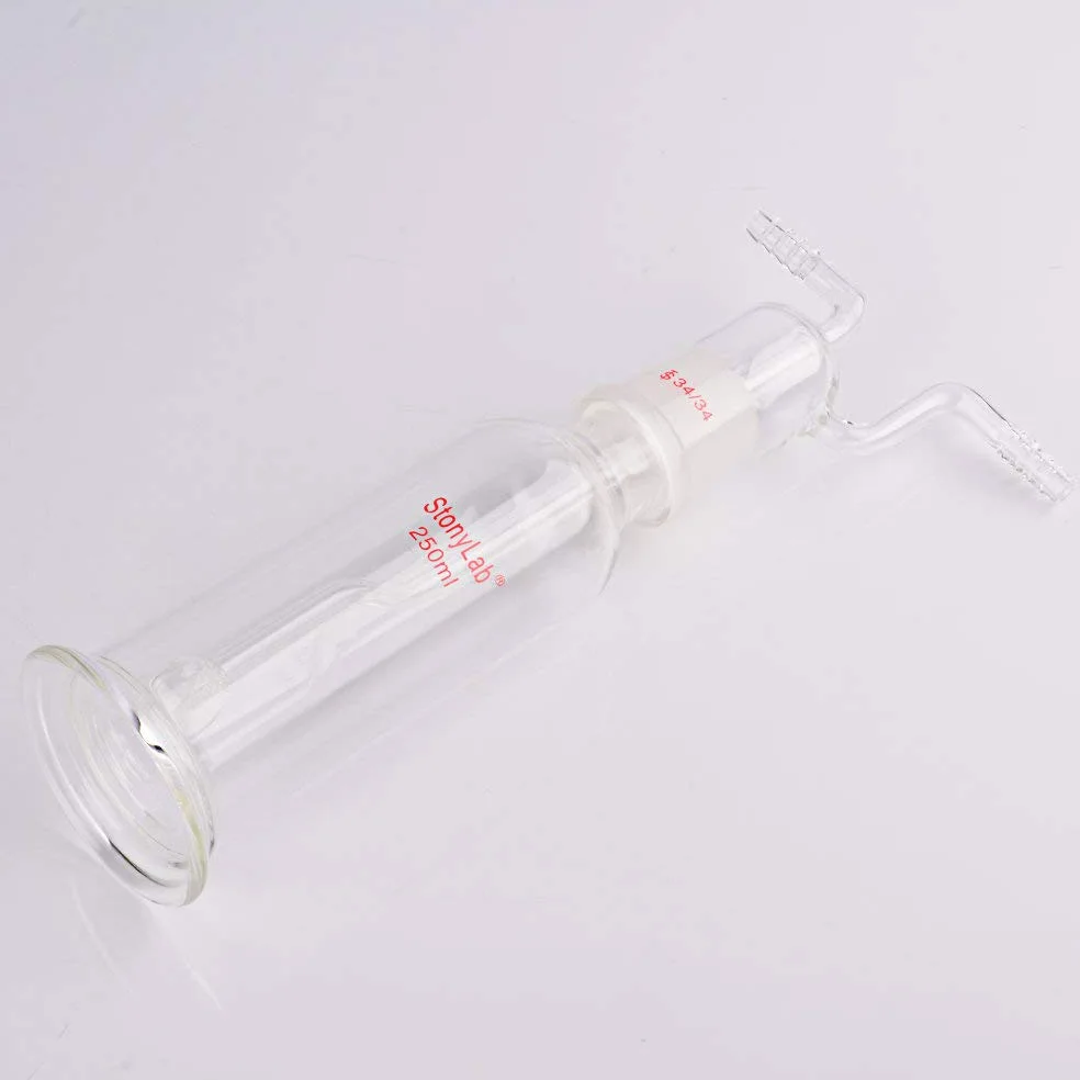 stonylab Botella de Lavado de Gas, Vidrio de Borosilicato Tapón de Gas 34/34 Gas Burbujeador Botella de Lavado con Disco Fritado y Entrada de 8 mm de Diámetro Exterior/Mangueras de Salida, 250 ml