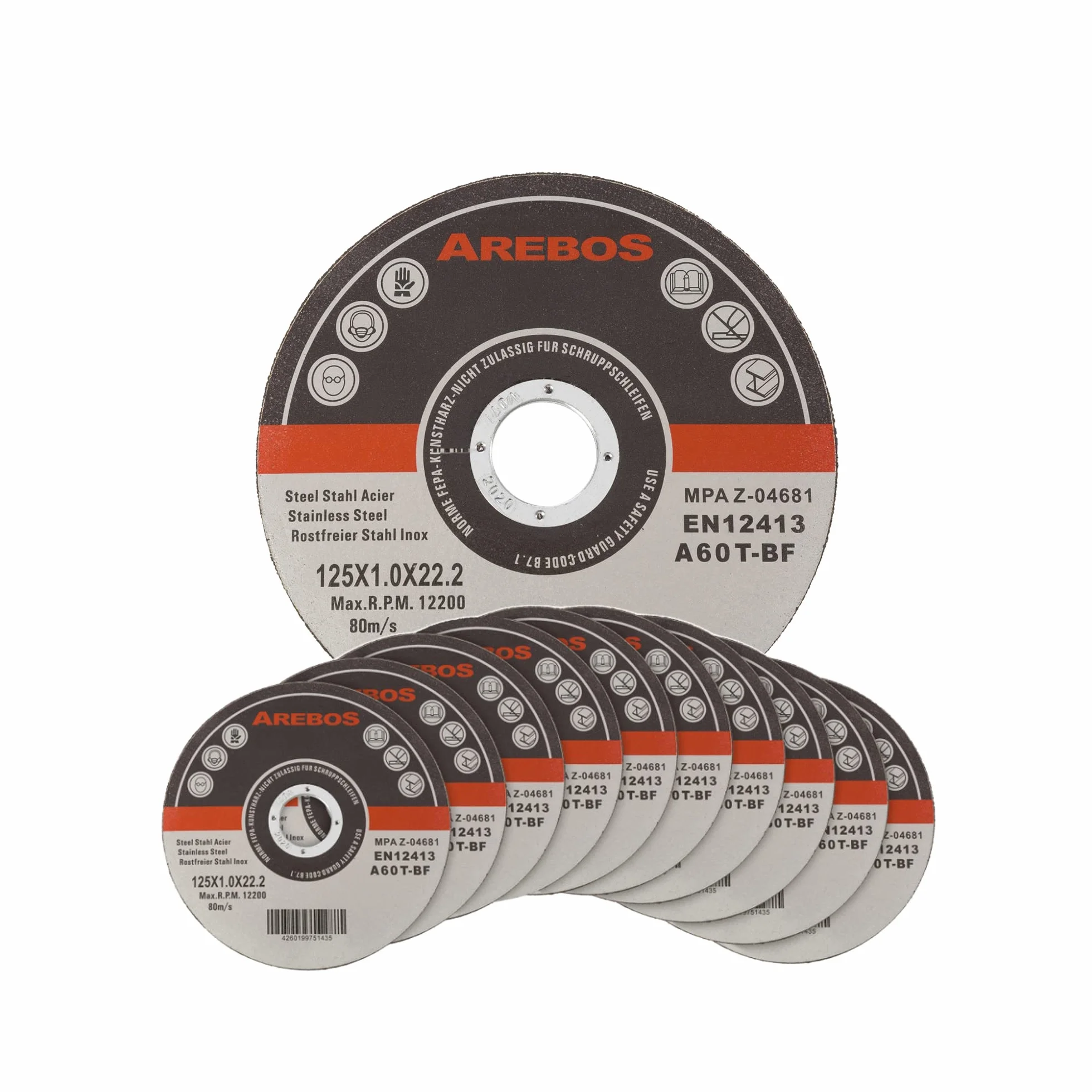 Arebos Discos de corte 400 piezas | Ø 125mm x 1mm x 22,2mm | apto para acero, acero inoxidable, inox, hierro, chapa, metal | avance y retroceso | certificado EN 12413 | (MPA)