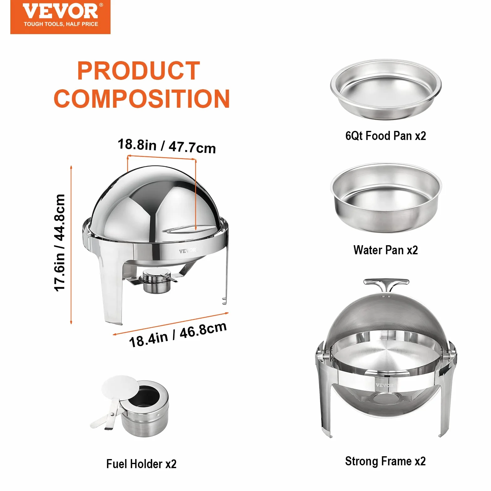 VEVOR Juego de 2 Calientaplatos Redondos 5,5 L Acero Inoxidable para Buffet