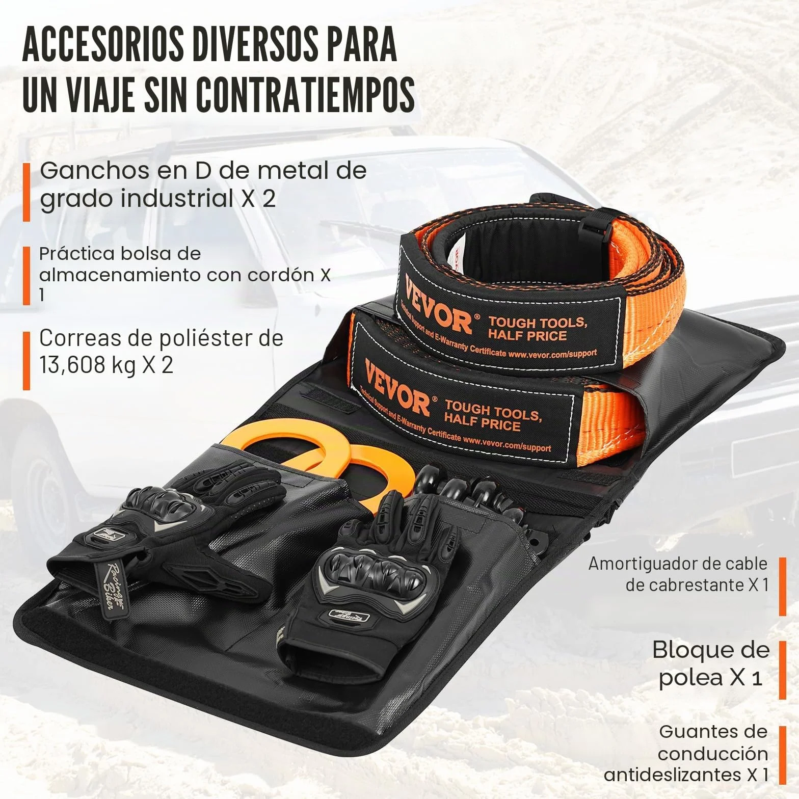 VEVOR 8 Piezas Kit de Recuperación Todoterreno Correas de Remolque 7,6x914,4 cm Grilletes con Anillo en D 13608 Kg Grillete Receptor de 20000 Kg Polea de Bloque Antidesgarro para Camión, Jeep, ATV