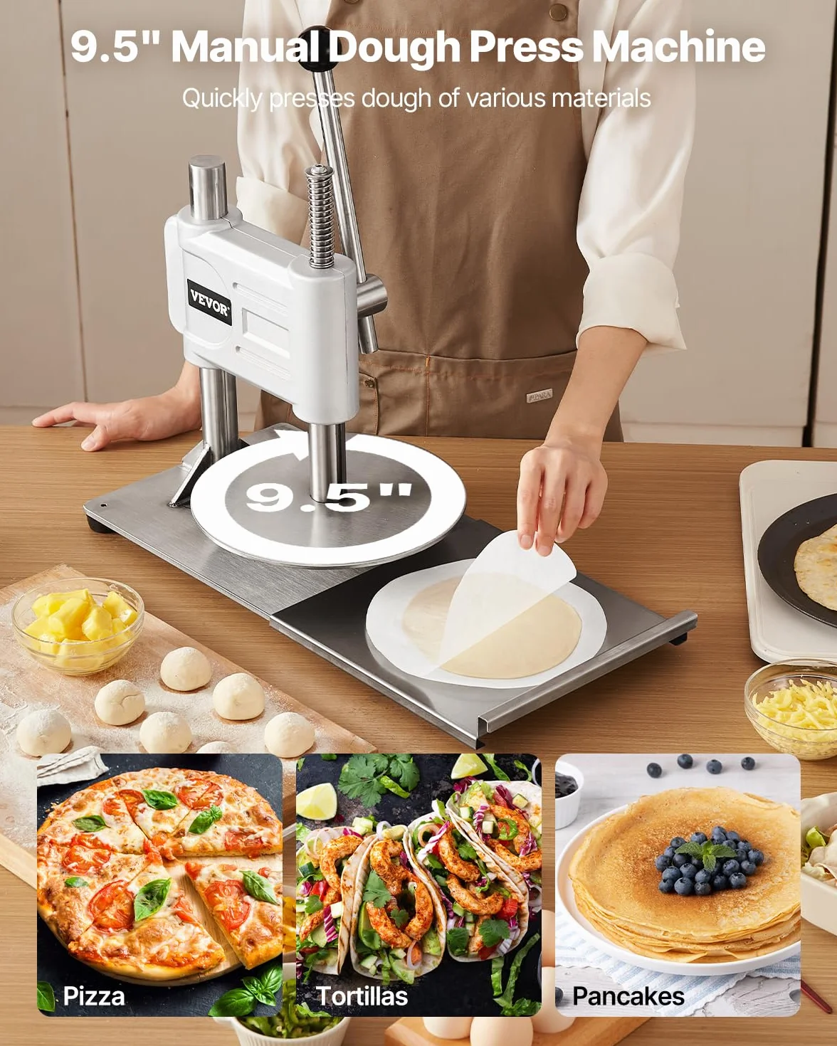 VEVOR Prensa Manual para Masa de Pizza, Placa de 24 cm, Prensa de Pan de Acero Inoxidable, para Hacer Chapatis, Formadora con Asa y 100 Hojas de Papel Pergamino, 400 x 245 x 360 mm, Color Plata