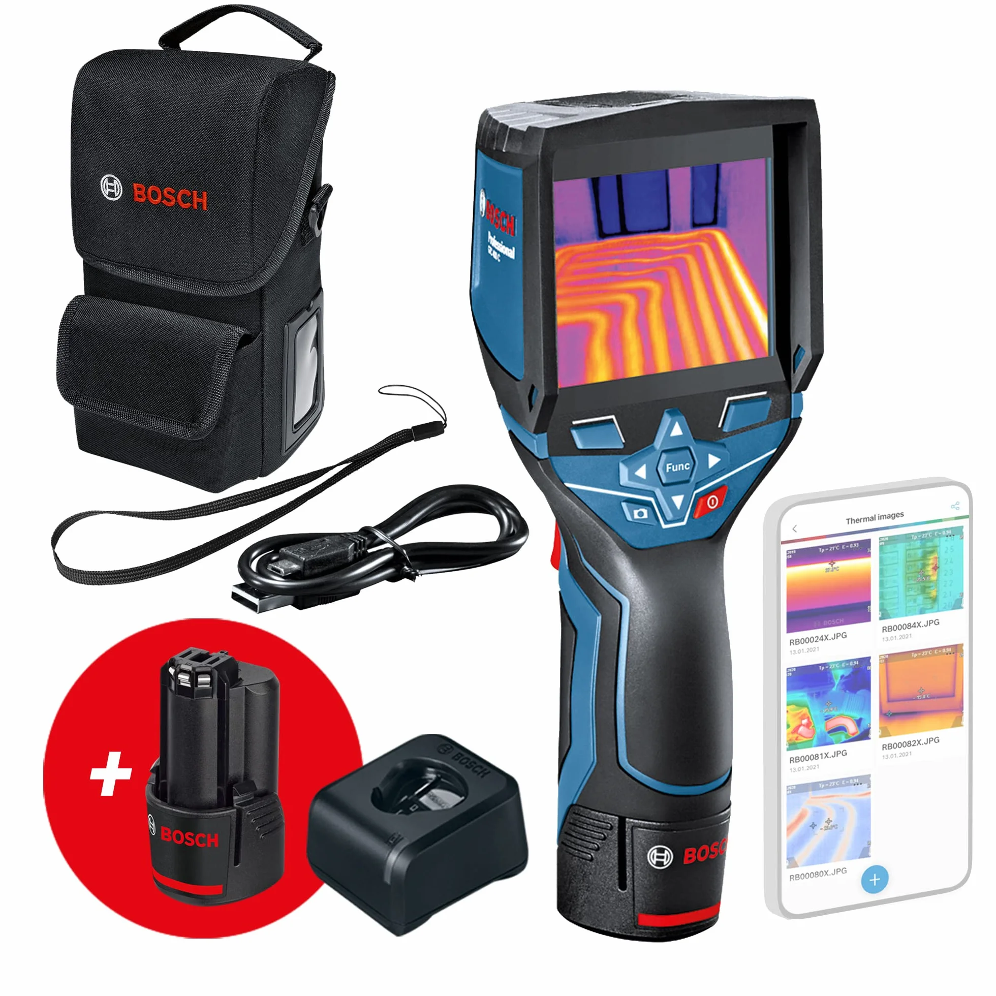 Bosch Professional Sistema 12V Cámara térmica GTC 400 C (2 baterías 12V + cargador, bolsa de transporte, con conectividad, medición -10 °C hasta +400 °C, resolución: 160 x 120px, en L-BOXX)