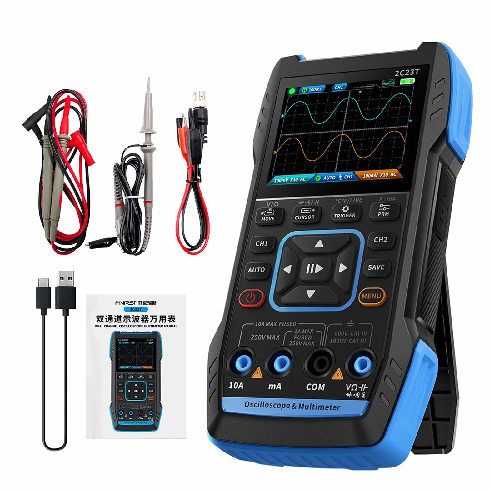Jadeshay Osciloscopio Digital,Osciloscopio Portátil 3 en 1 Kit de Osciloscopio con Ancho de Banda 10 kHz Prueba de Transistor,9999 Contar Multímetro y Generador de Señal de Salida Cuadrada PWM Funcion
