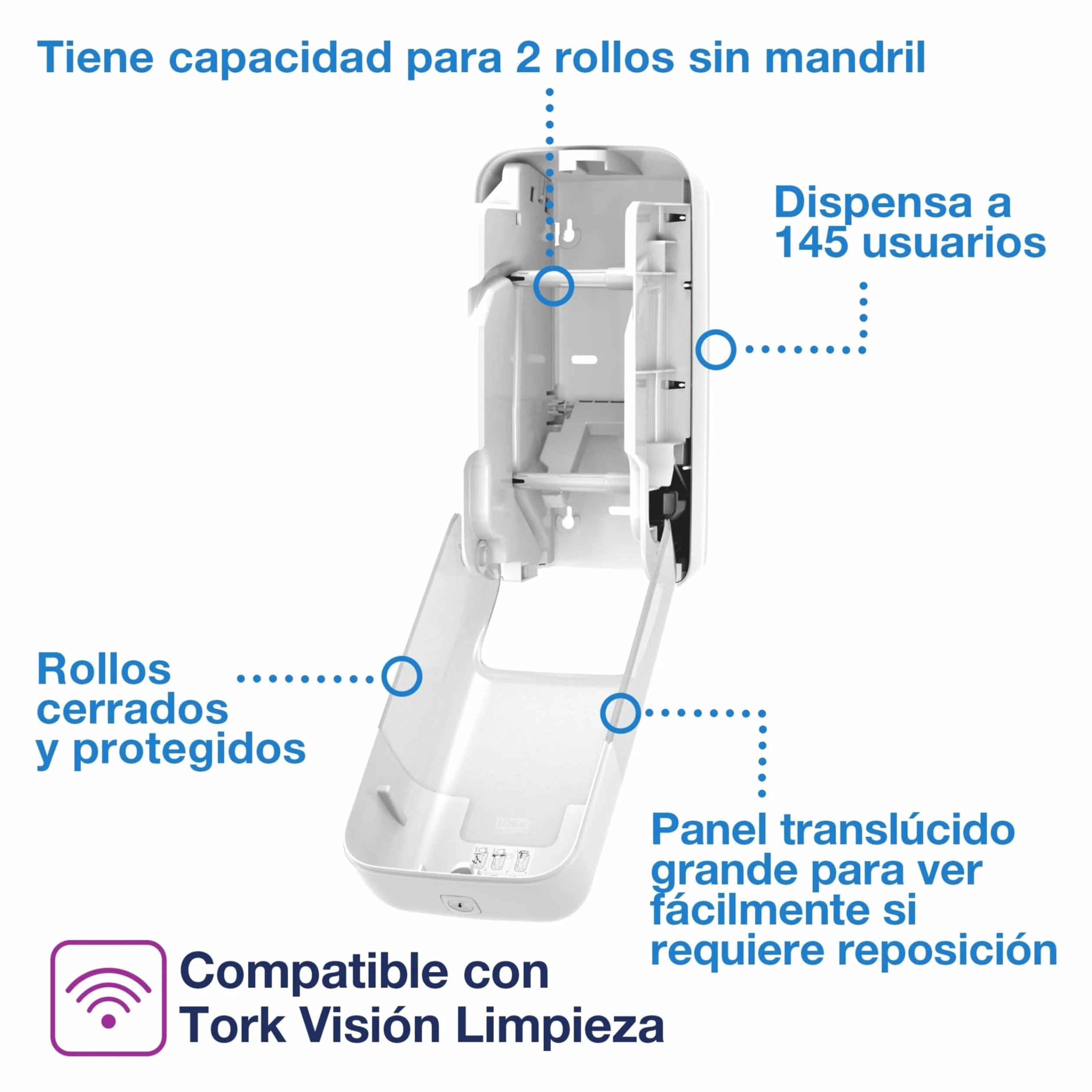 Tork OptiServe Dispensador para Dos Rollos de Papel Higiénico sin Mandril Blanco T7, Dispensador Vertical, Línea Elevation, 558041