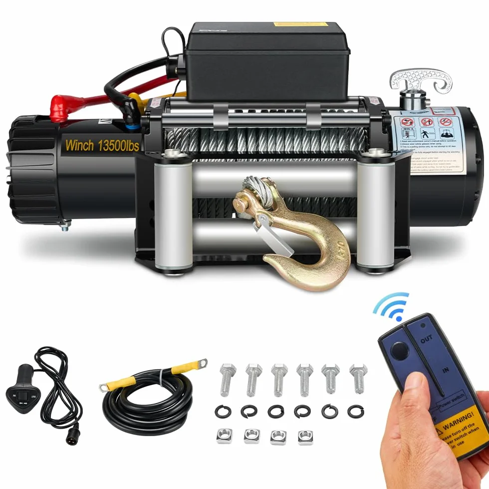 STANEW Cabestrante Eléctrico 13500lbs/6075kg 12V, 24mx9.3mm Cabrestante de Cable de Acero, Cabrestante Eléctrico con Mando a Distancia Inalámbrico, para Barcos y Vehículos Ligeros Bicicleta, ATV
