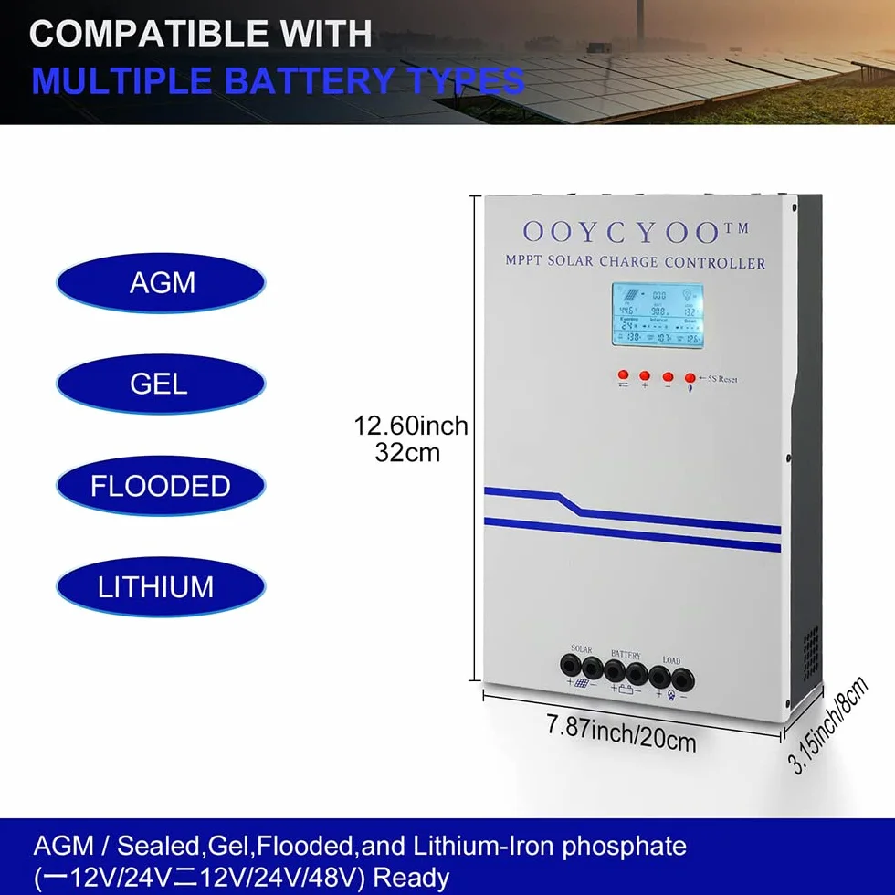 100A Controlador de Carga Solar 48V 36V 24V 12V Auto Detección MPPT Regulador de carga solar Lcd Ajustable Entrada FV máxima 150 V para baterías AGM SEL GEL de plomo y litio