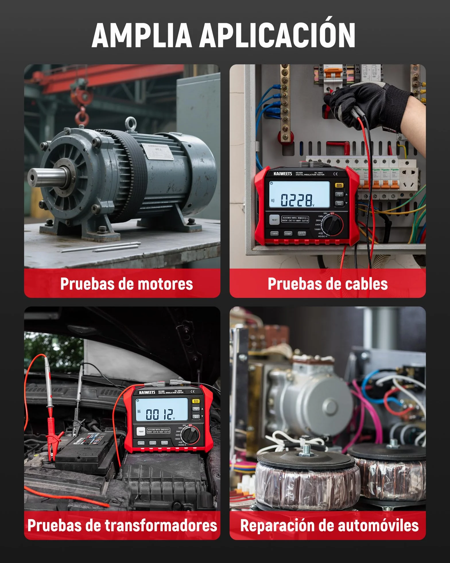 KAIWEETS Medidor de aislamiento de resistencia de aislamiento de hasta 100 GΩ, 50 V/100 V/250 V/500 V/1000 V, DAR/PI, con prueba de voltaje CA/CC para motores, solar, HVAC
