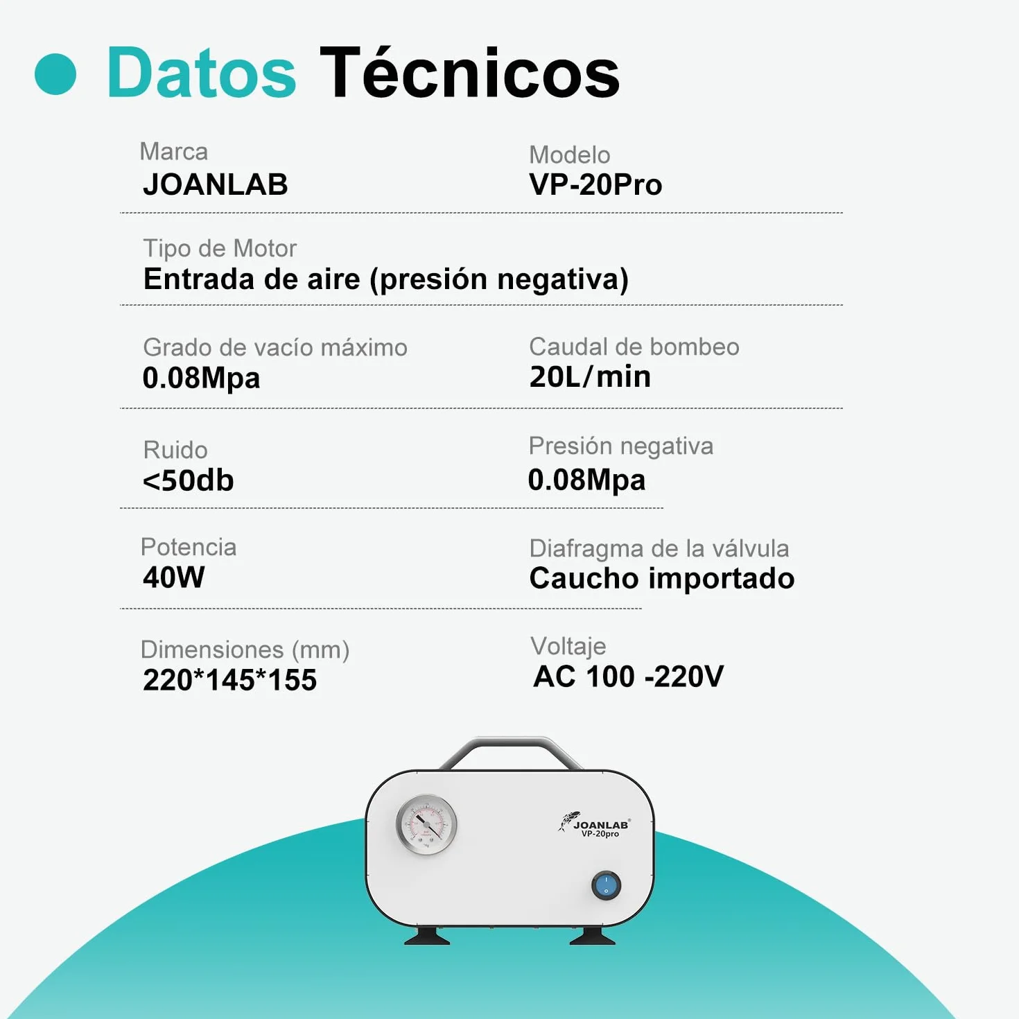 JOANLAB Bomba de Vacío Sin Aceite, Ajustable 20L/min & 0.08MPa, Bomba de Vacío de Diafragma para Filtración Laboratorio, Investigación, Industrial(VP-20PRO)