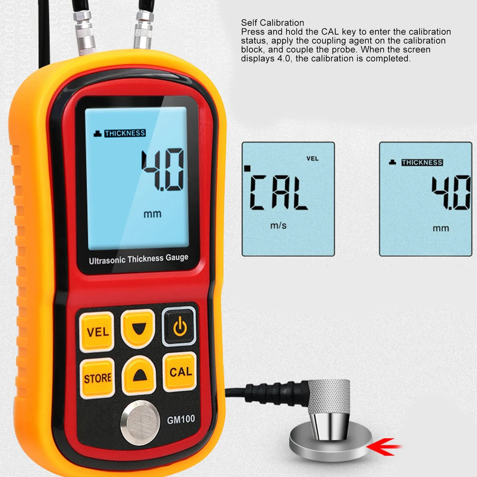 Fyearfly Medidor De Espesor Digital, Medidor De Espesor Ultrasónico Multiusos Pantalla Digital LCD De 4 Dígitos Probador De Medición De Espesor Eléctrico 5MHz GM100