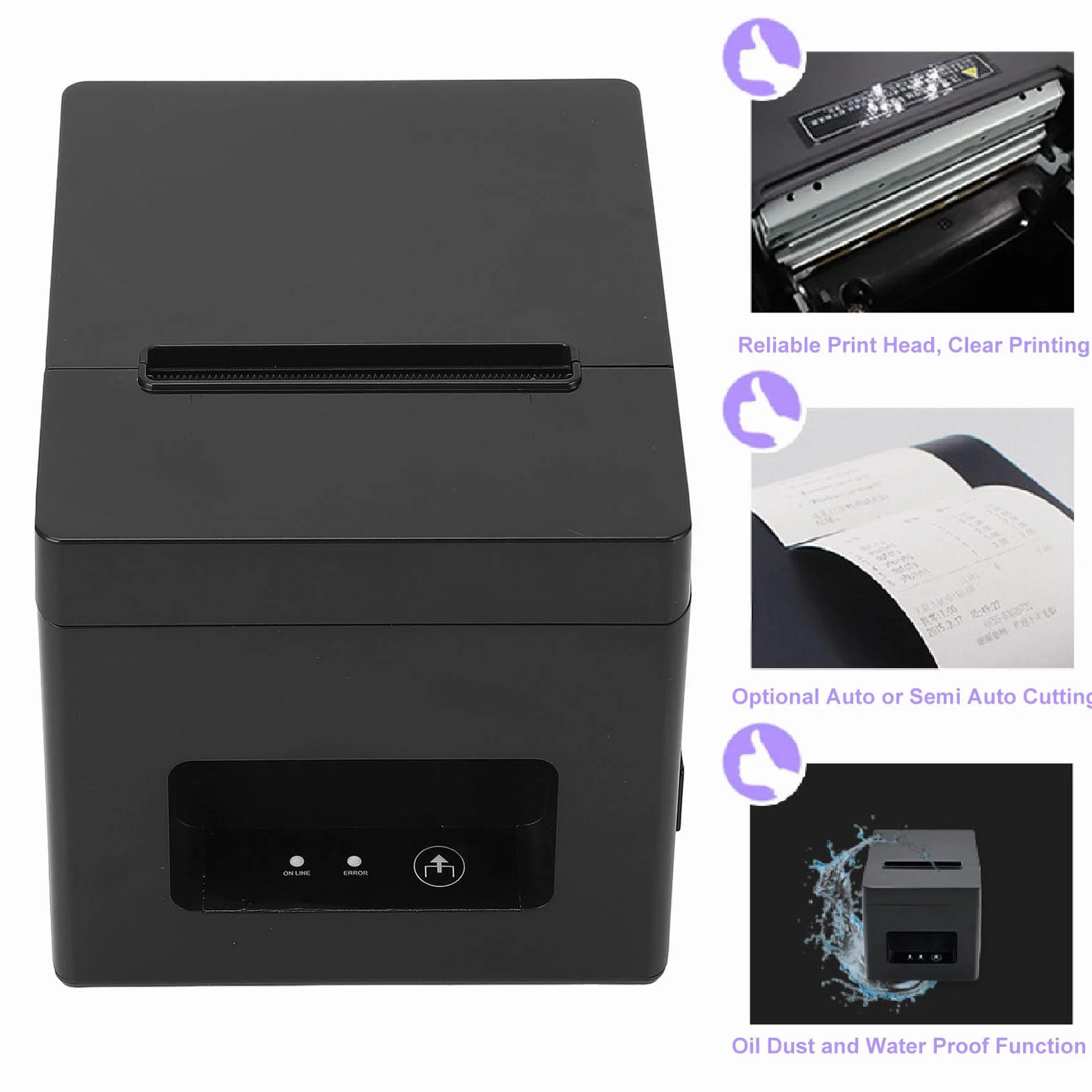 Fafeicy Impresora Térmica de Recibos POS 80mm sin Tinta, USB, Cortador Automático, para Cocina y Cajón de Efectivo, Enchufe UE