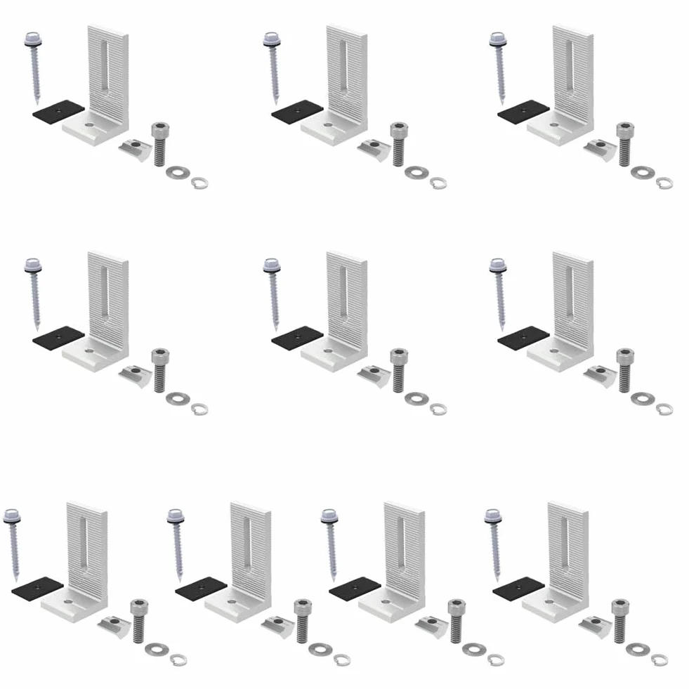 Soporte de montaje en techo de panel solar de aleación de aluminio L pie para estructuras de techo inclinadas inclinadas de estaño soportan condiciones climáticas (10 piezas)
