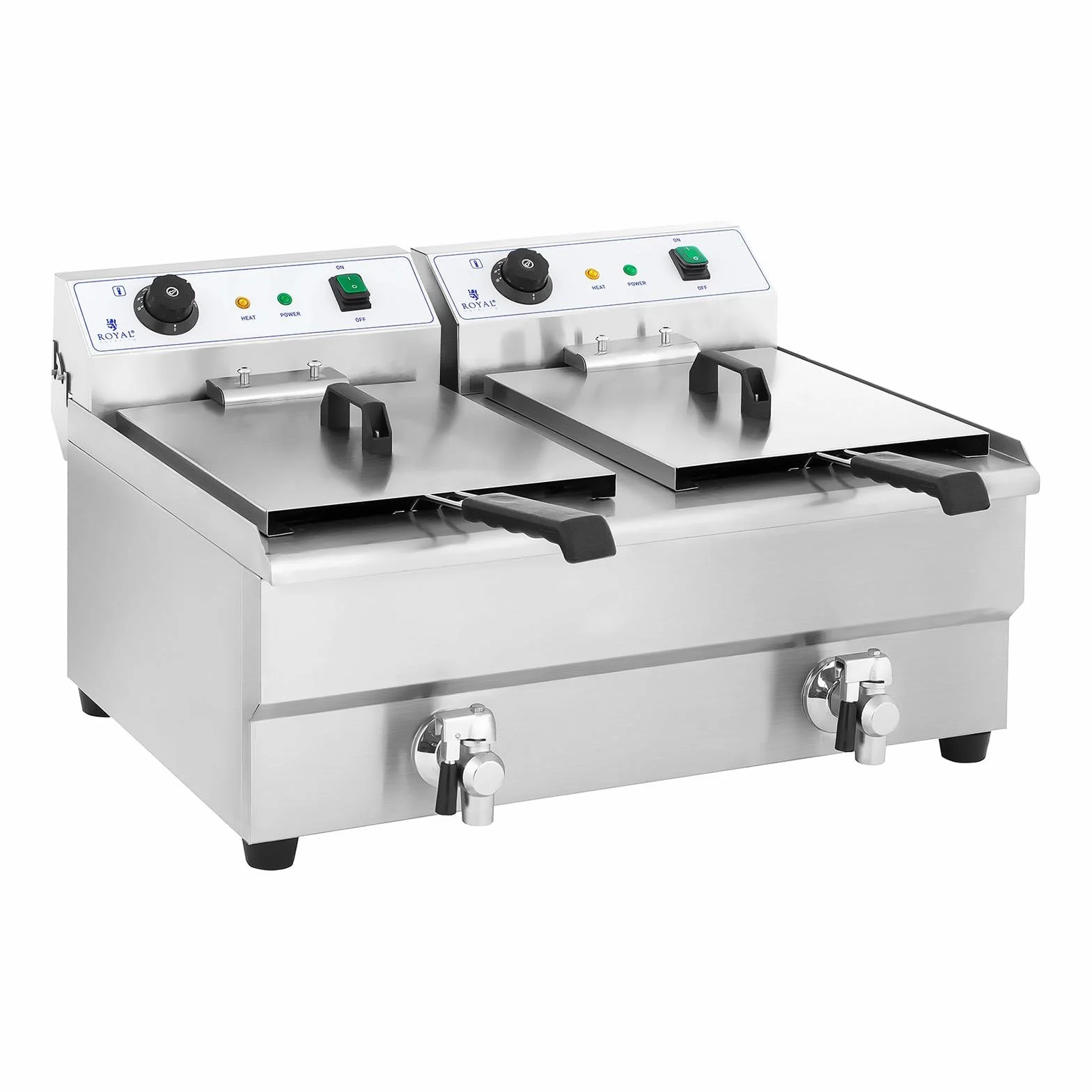 Royal Catering Freidora Electrica Profesional Doble RCEF 16DH-1 (2 x 16 L, 2 x 3 200 Watt, Termostato, 2 Grifos de vaciado, Acero inoxidable)