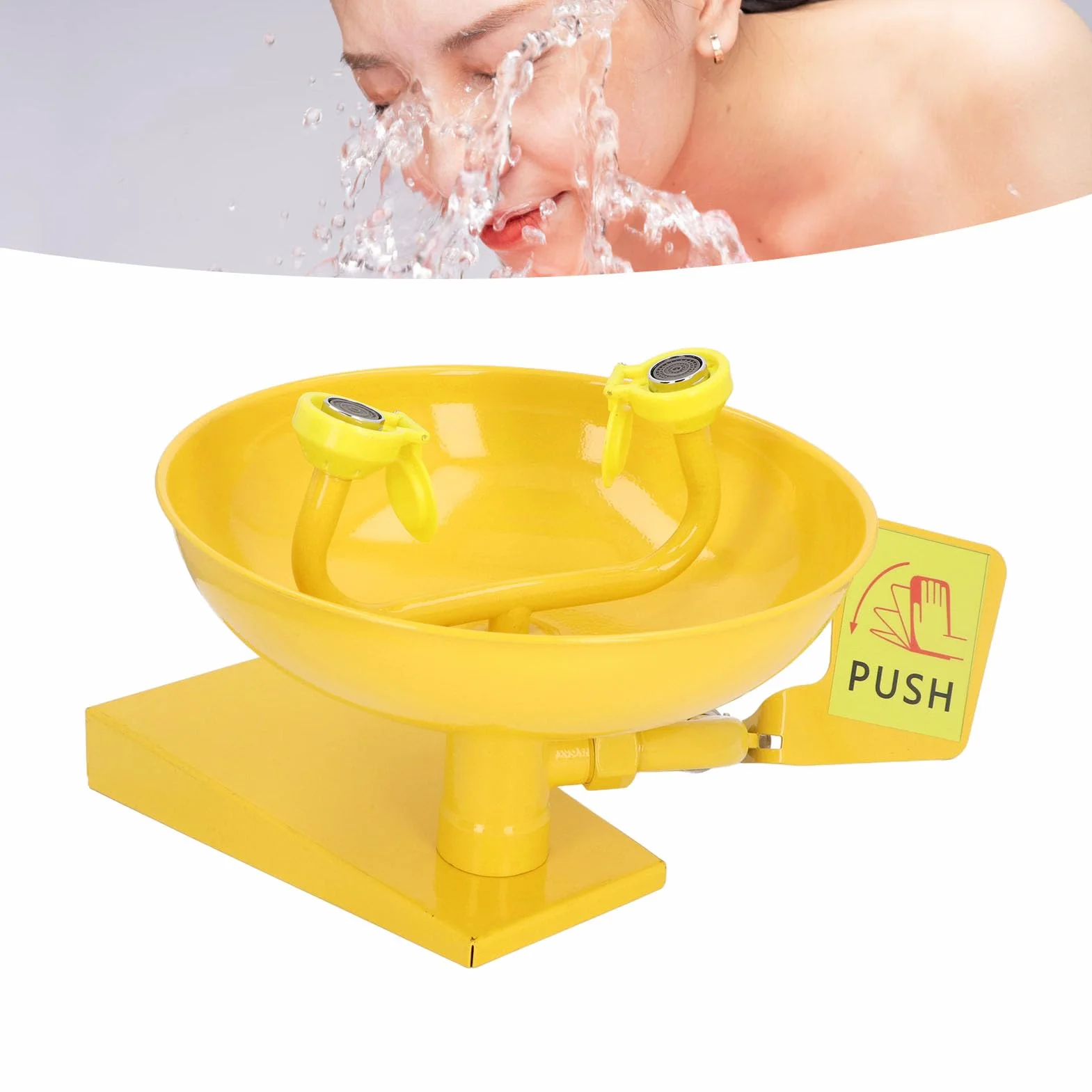 Lavador de Ojos Montado en la Pared, Estación Lavaojos Amarilla, Dispositivo de Lavado de Ojos de Emergencia, Cabezales de Pulverización Dobles de Acero Inoxidable, Estación de