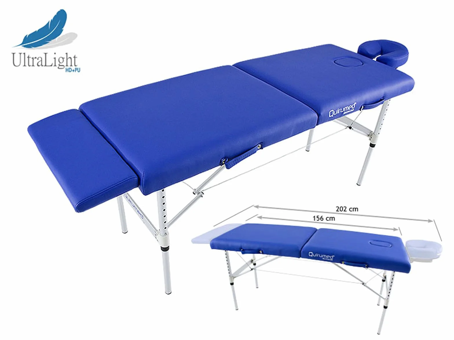 QUIRUMED Camilla de Masaje, Plegable, Aluminio Ultralight, Polipiel, Profesional, 200 x 60 cm, Azul, Cabezal extraíble, Agujero Facial, Piecero, hasta 120 kg