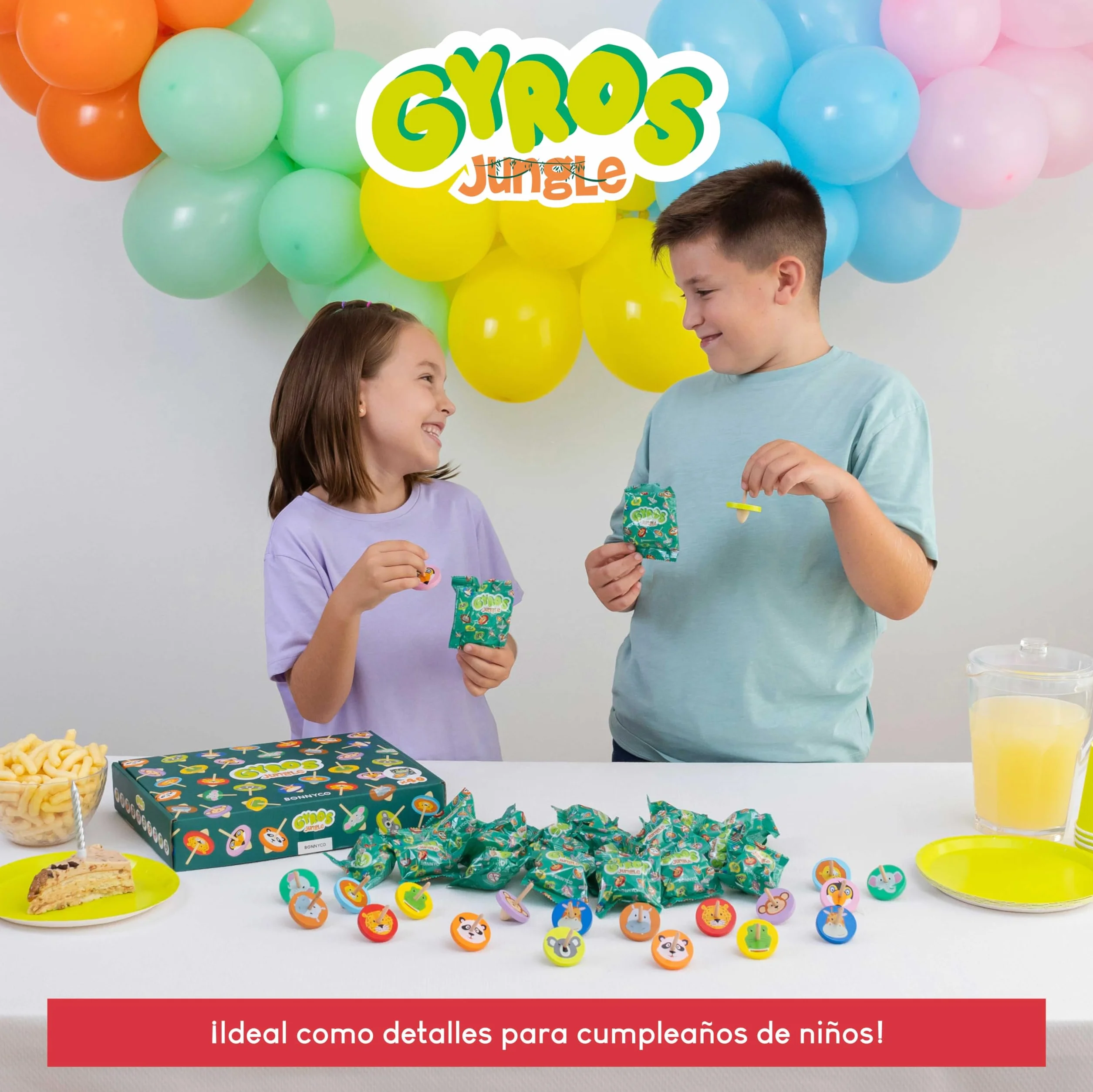 BONNYCO Peonza Madera Animales Jungla, Pack 40 Regalos Cumpleaños Niños