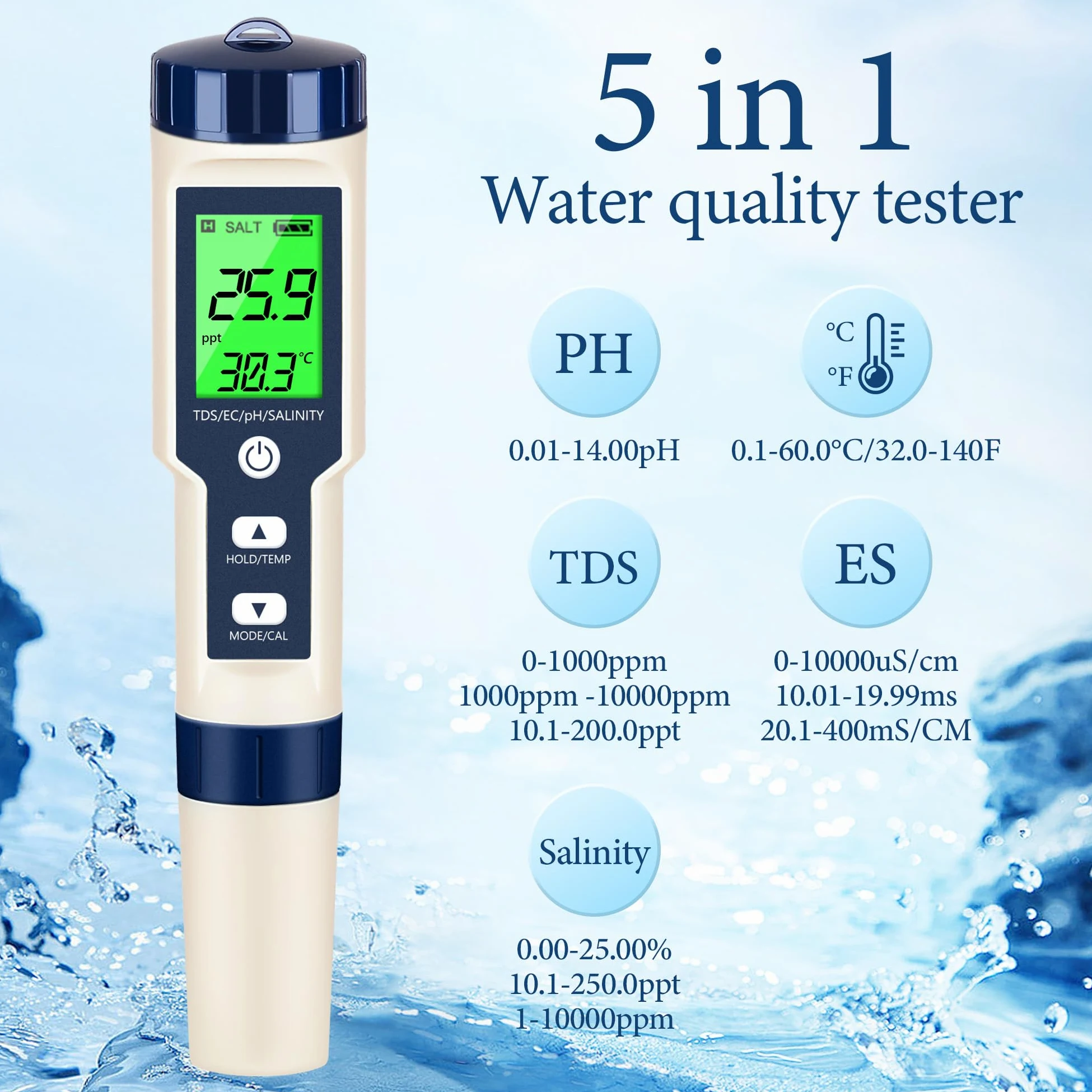 Medidor de pH y medidor de pH digital, probador de agua 5 en 1, probador de salinidad de pH de temperatura EC y TDS, medidor de pH para agua con retroiluminación LCD, kits de prueba de agua para agua