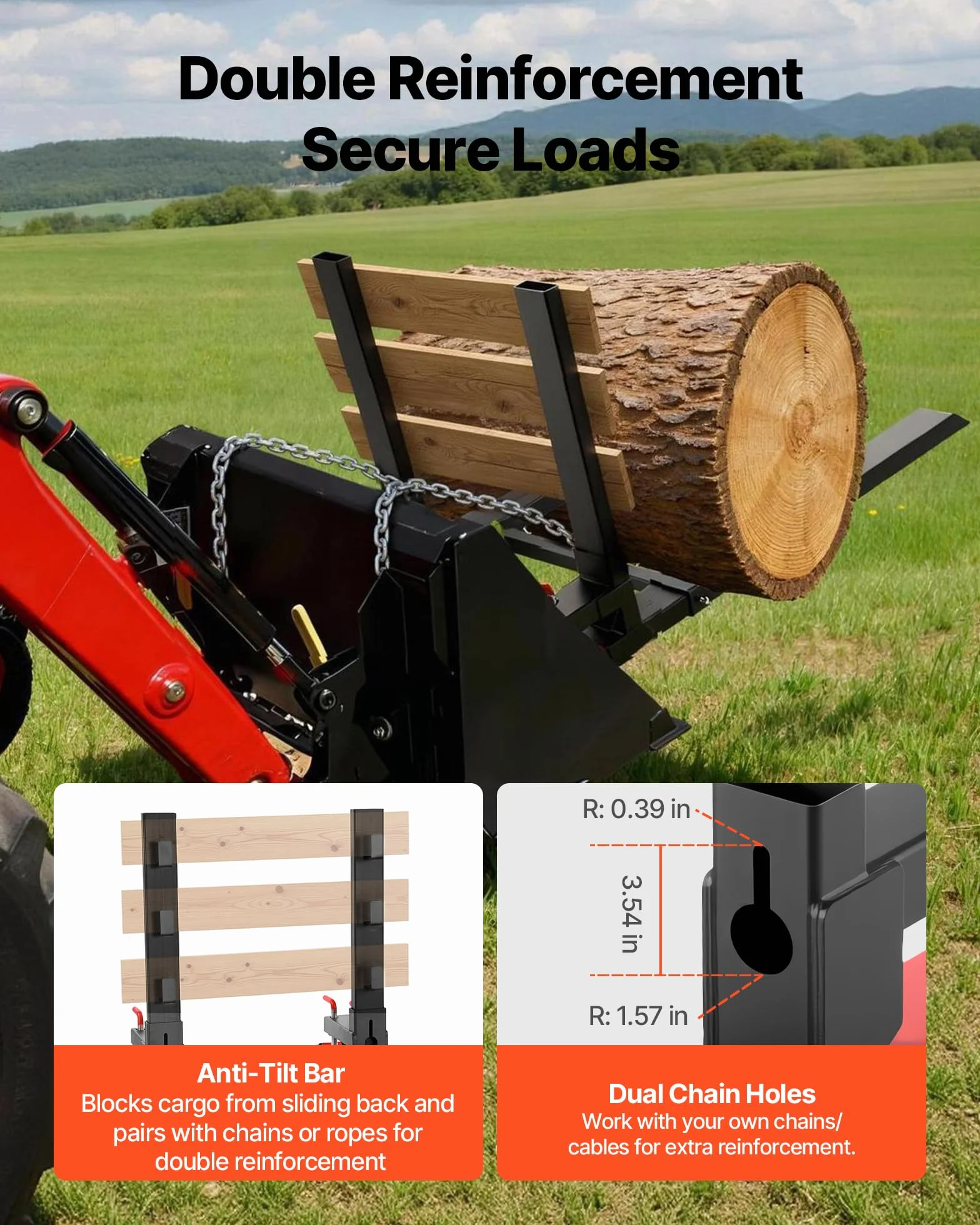 VEVOR Abrazadera de Horquillas de Tractor 1814 kg, Horquillas de Palé Longitud Total de 149 cm, con Barra Antivuelco y Barra Estabilizadora Ajustable, para Pala Cargadora, Minicargadora, Tractor