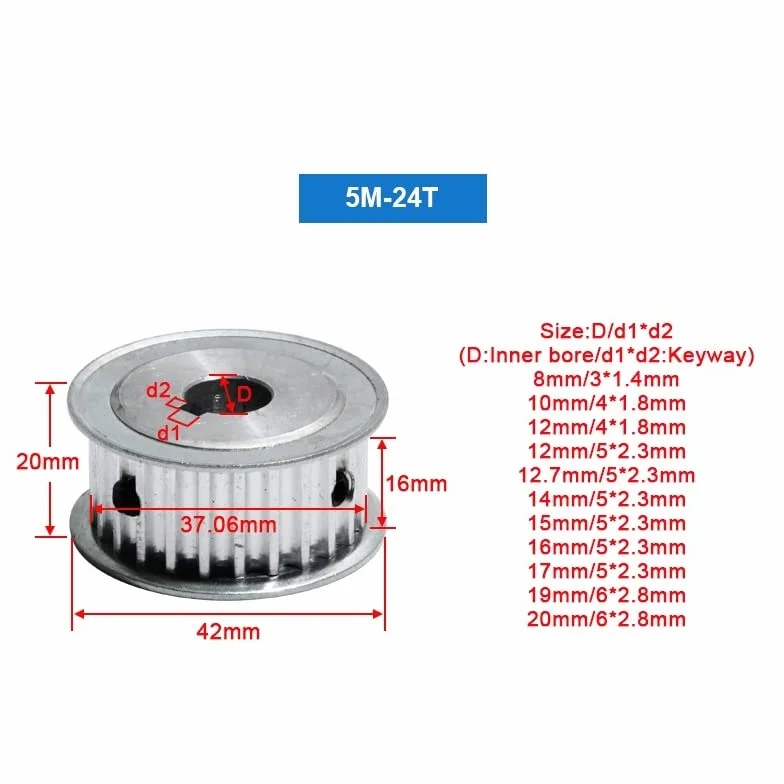 Correa dentada HTD5M 24T polea 24 dientes chavetero 16mm ancho 8-20mm diámetro interior 16mm Key 5x2.3