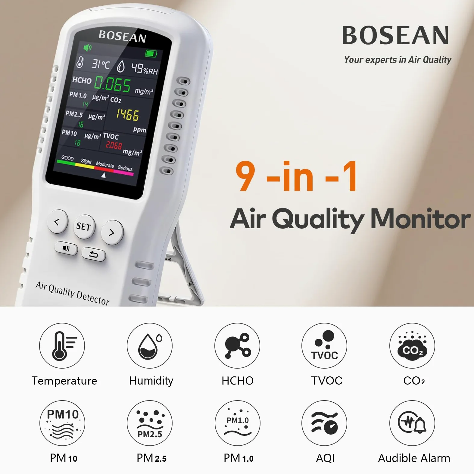 Medidor de calidad del aire para el hogar CO2 TVOC HCHO PM2.5 PM10 PM1.0, 5 sensores reales detectores de temperatura y humedad, adecuado para oficinas en casa o escuelas, medidor de calidad del aire