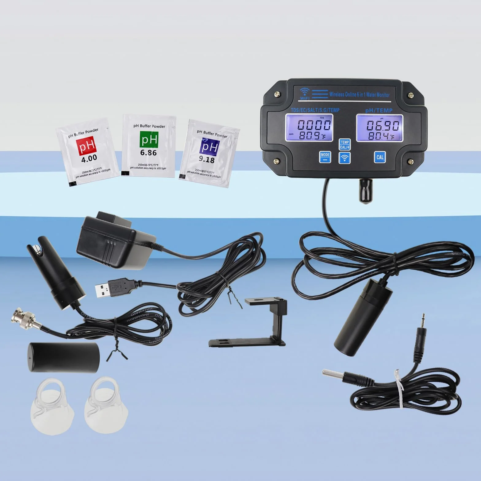 Monitor Profesional 6 en 1 para Medir la Calidad del Agua pH, TDS, EC, Salinidad, SG y Temperatura Sensor Inteligente Wi-Fi con Aplicación y Eegistro de Datos para Acuarios e Hidroponía