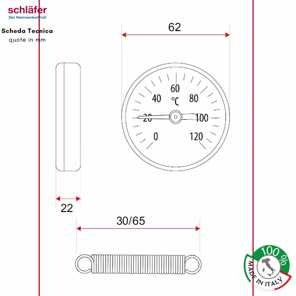Schläfer Termómetro bimetálico de contacto para tubos clip muelle acero inoxidable 63 mm 0-120 °C