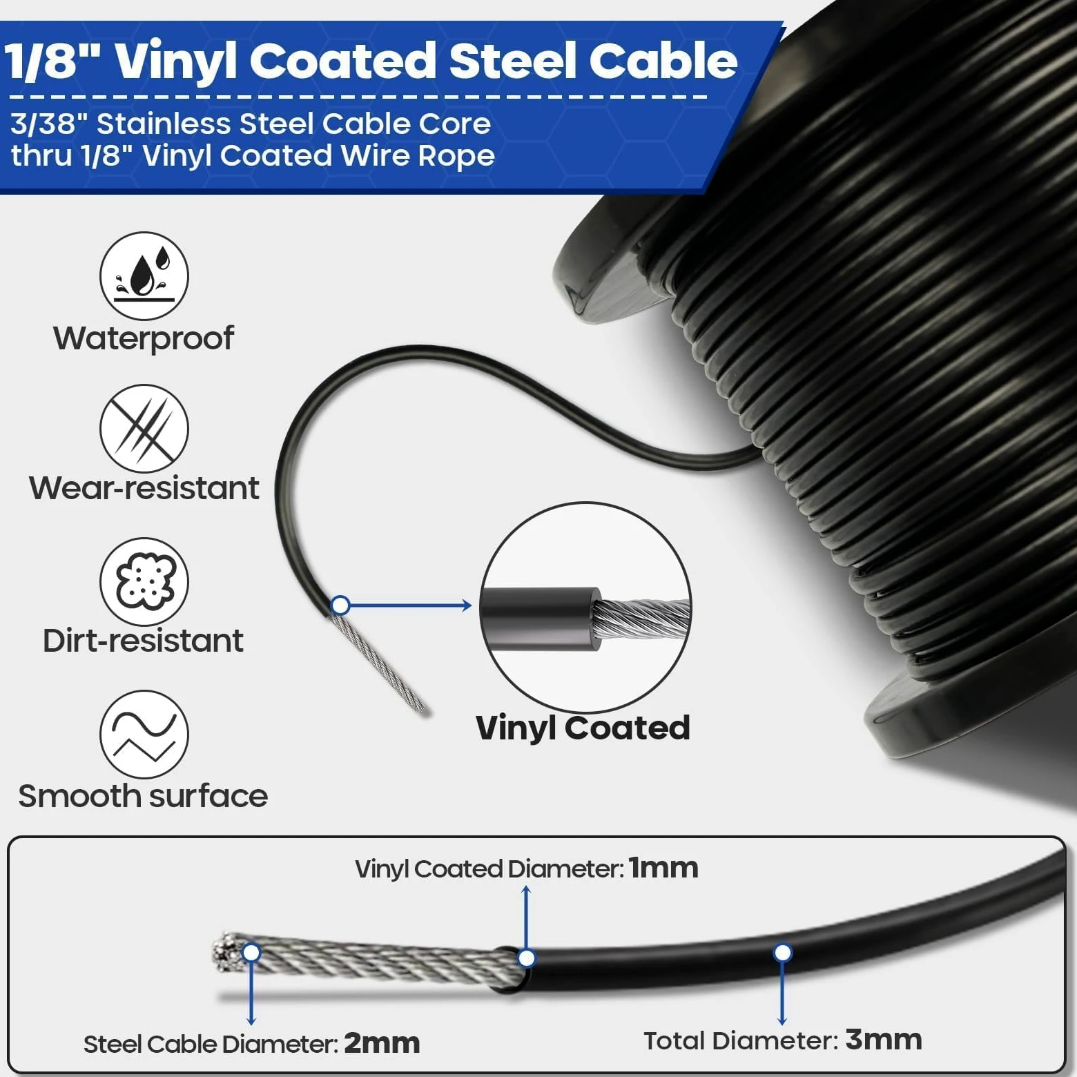 TooTaci Kit de Cable de Acero Inoxidable Negro de 3mm y 60M Revestido en Vinilo – Con Tensores M5 para Luces Colgantes, Tendedero, Enrejado de Jardín y Cortinas