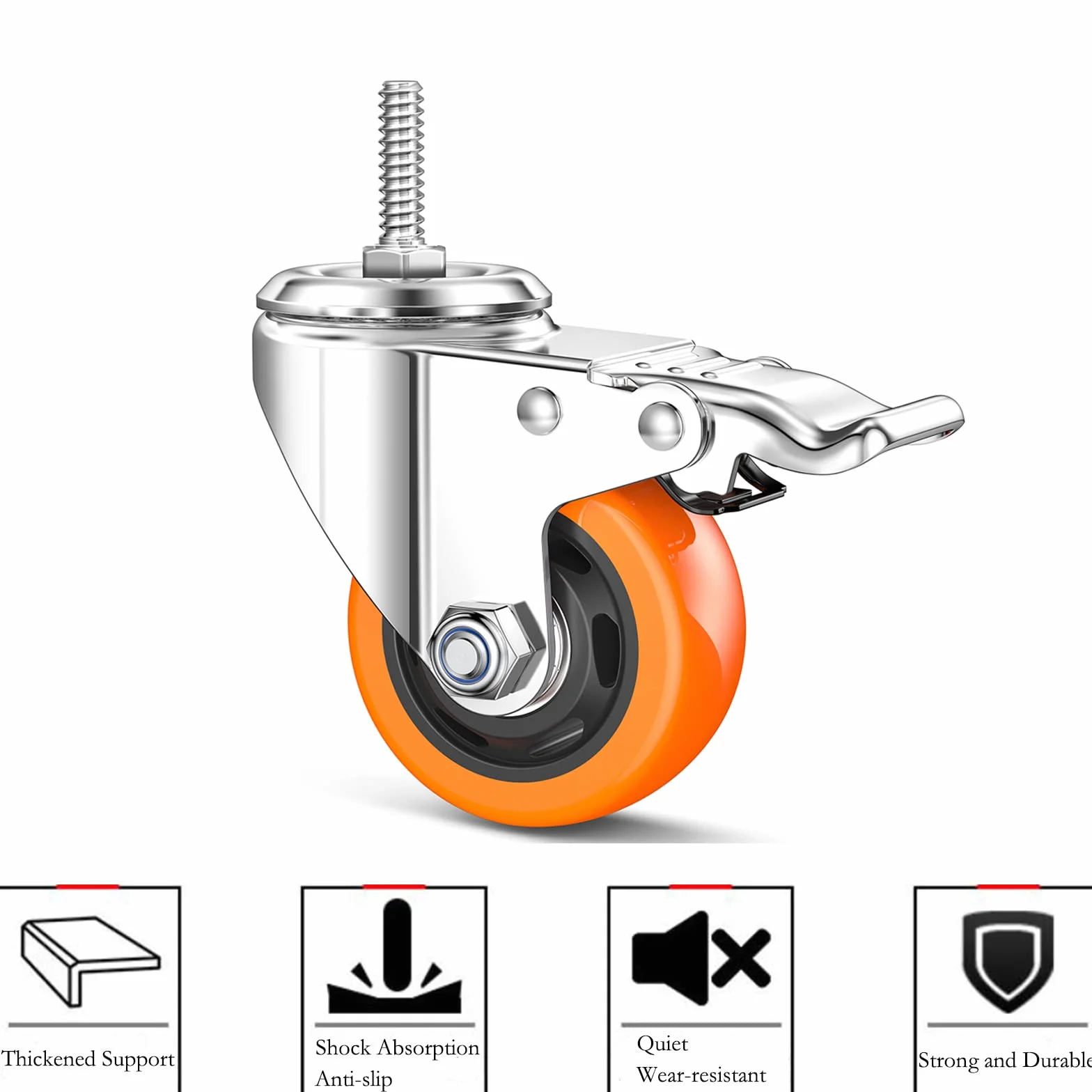 Stem Caster Wheels Heavy Duty Casters PVC M8-1.25x1″ (Stem Diameter 8mm, Stem Length:1″) Casters with Brake Dual Locking for Home, Office, Industry use (2 Inch, with Brake)