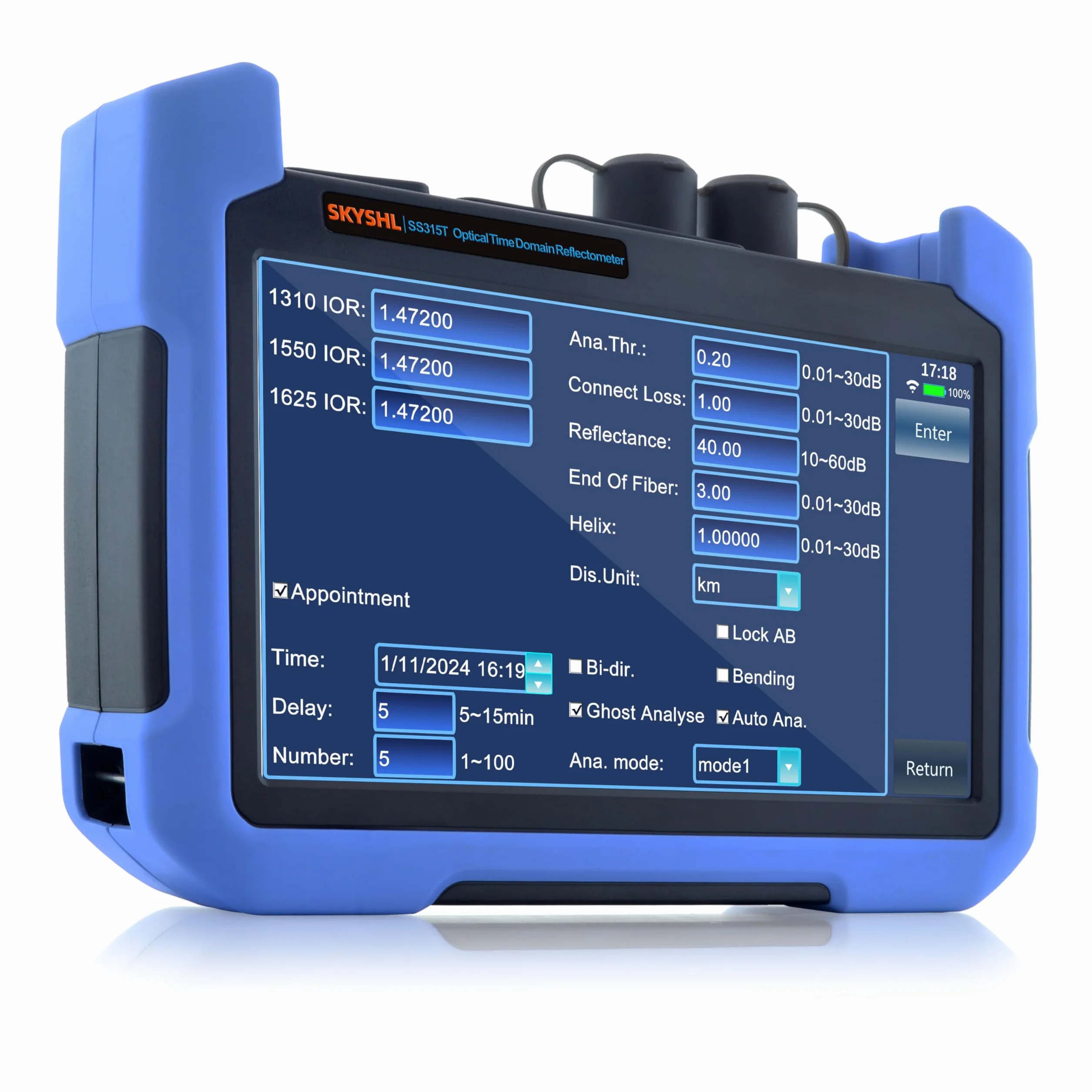 1310nm/32dB+1550nm/30dB SM OTDR Probador de Monomodo Fibra Con OPM+OLS+VFL+Mapa de Eventos+Módulo APP+Pantalla Táctil de 7” Compatible con SC+ST+FC+LC/UPC&APC-SS315T-2A1