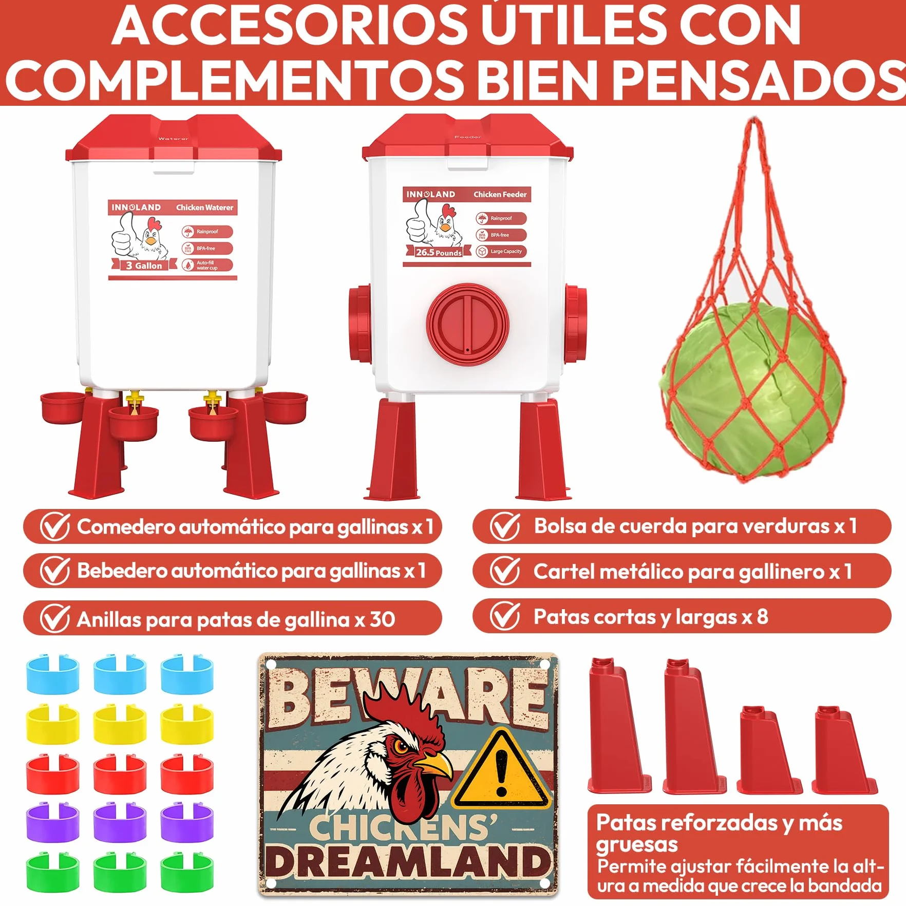 Comedero y Bebedero Automático para Gallinas 12KG 11L Anti Ratas 4 Comederos 3 Puertos Alimentación Alta Capacidad