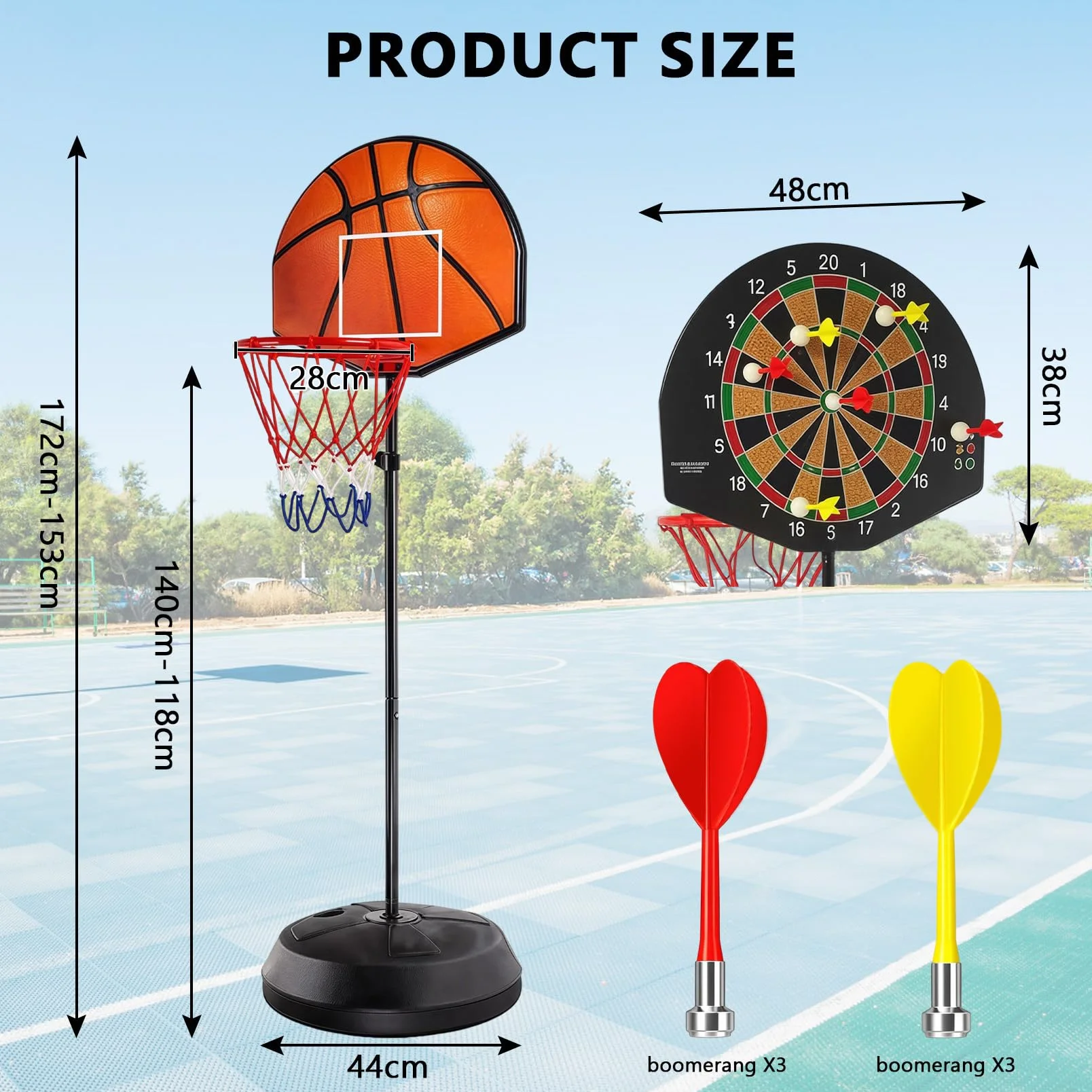Canasta de baloncesto 2 en 1 exterior con diana, altura ajustable 118-140 cm