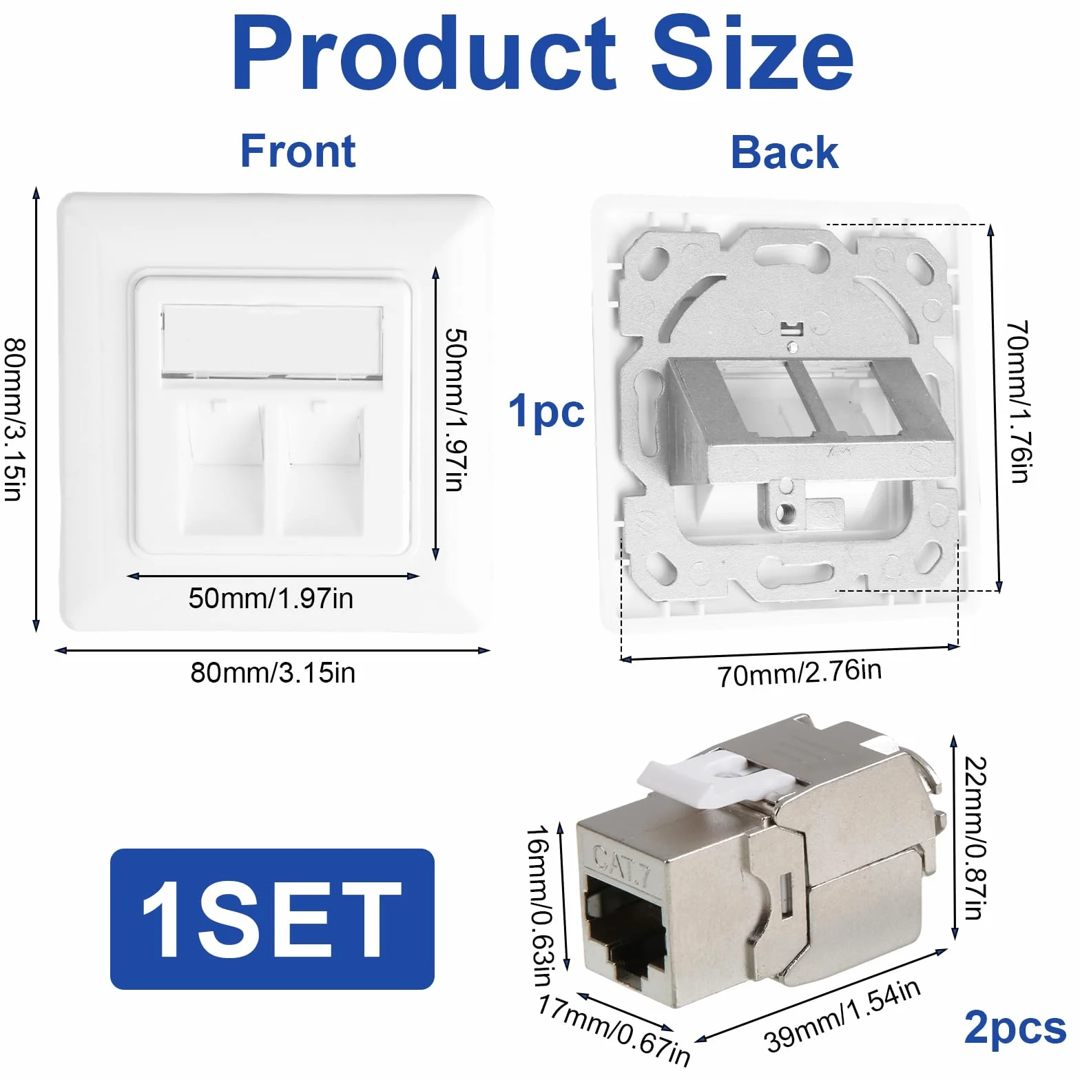 Enchufe de Red CAT 7 2 Puertos Empotrado con Keystone Jack RJ45 Toma LAN Ethernet 10Gbit/s
